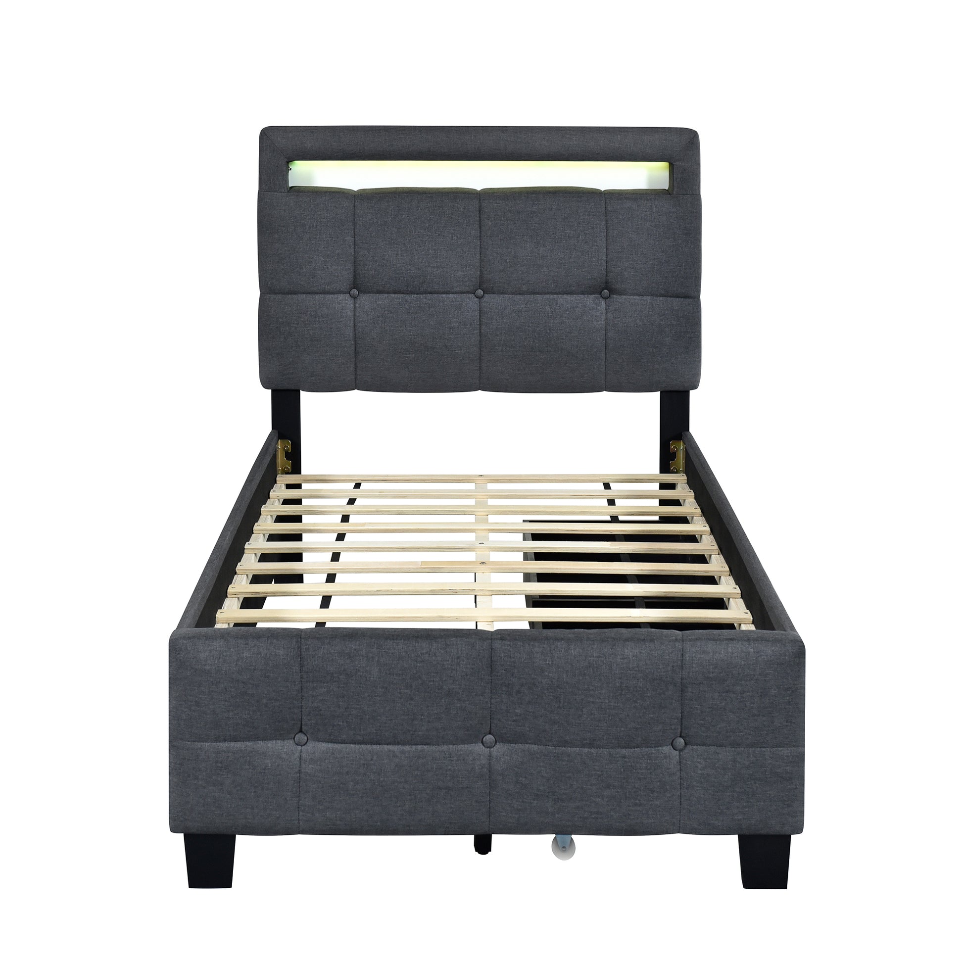 Twin Size Upholstered Platform Bed With Led Frame And 2 Drawers, Linen Fabric, Gray Gray Linen