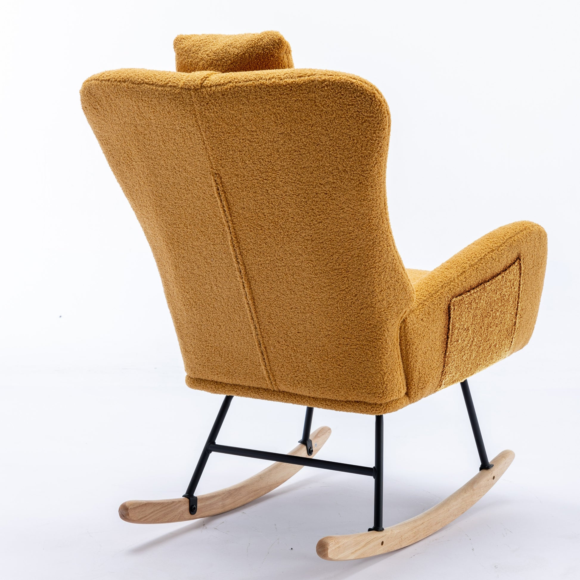 35.5 Inch Rocking Chair With Pocket, Soft Teddy Fabric Rocking Chair For Nursery, Comfy Wingback Glider Rocker With Safe Solid Wood Base For Living Room Bedroom Balcony Turmeric Yellow Casual Foam Teddy