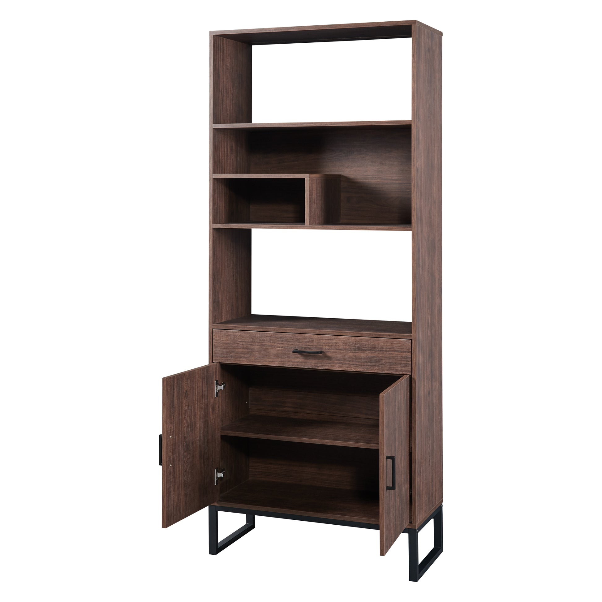 75.9"Modern Open Bookshelf With Doors, Bookcase With Storage Drawer And Led Strip Lights,Free Standing Display Rack,Wooden Tall Bookshelf For Living Room And Office, Walnut Walnut Mdf