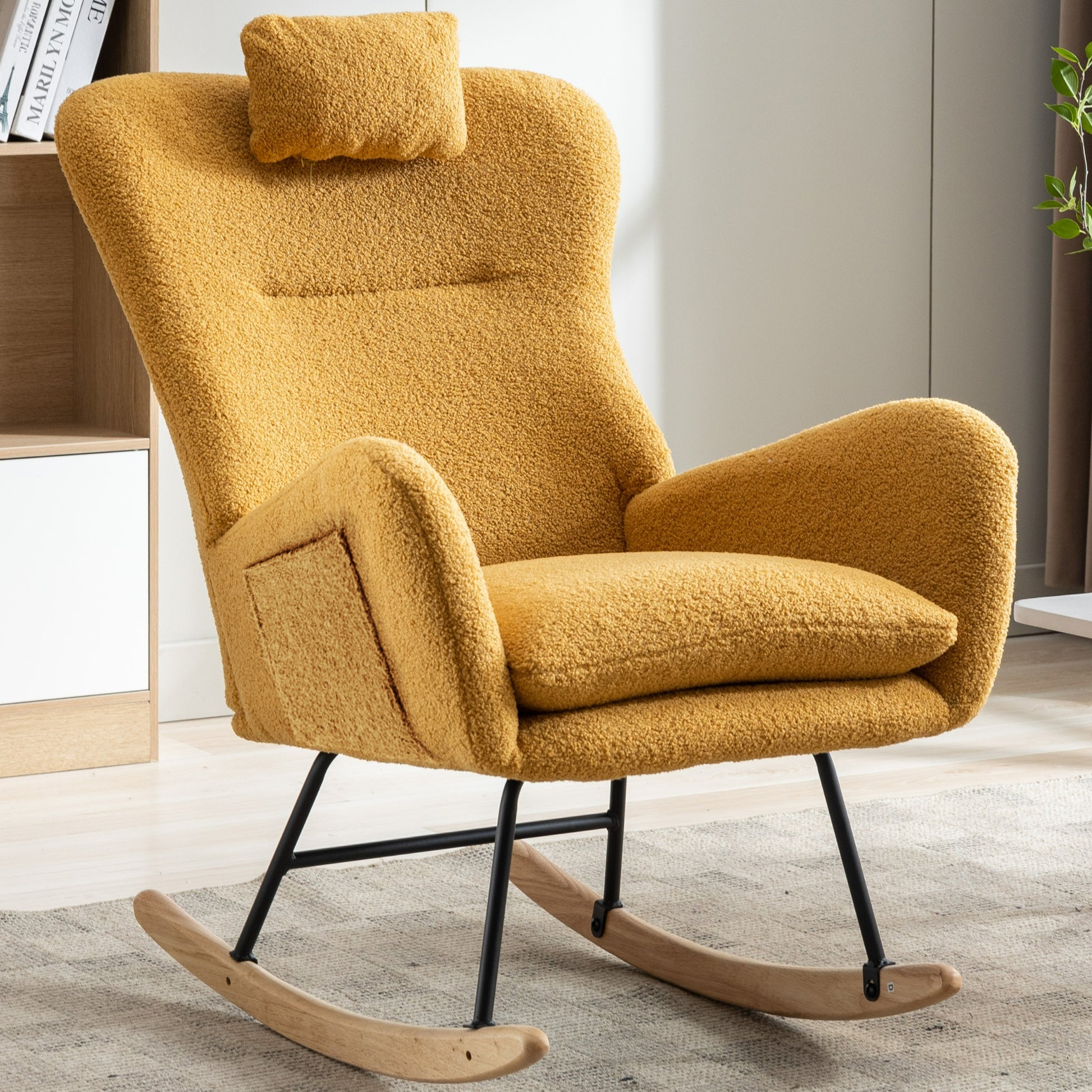 35.5 Inch Rocking Chair With Pocket, Soft Teddy Fabric Rocking Chair For Nursery, Comfy Wingback Glider Rocker With Safe Solid Wood Base For Living Room Bedroom Balcony Turmeric Yellow Casual Foam Teddy