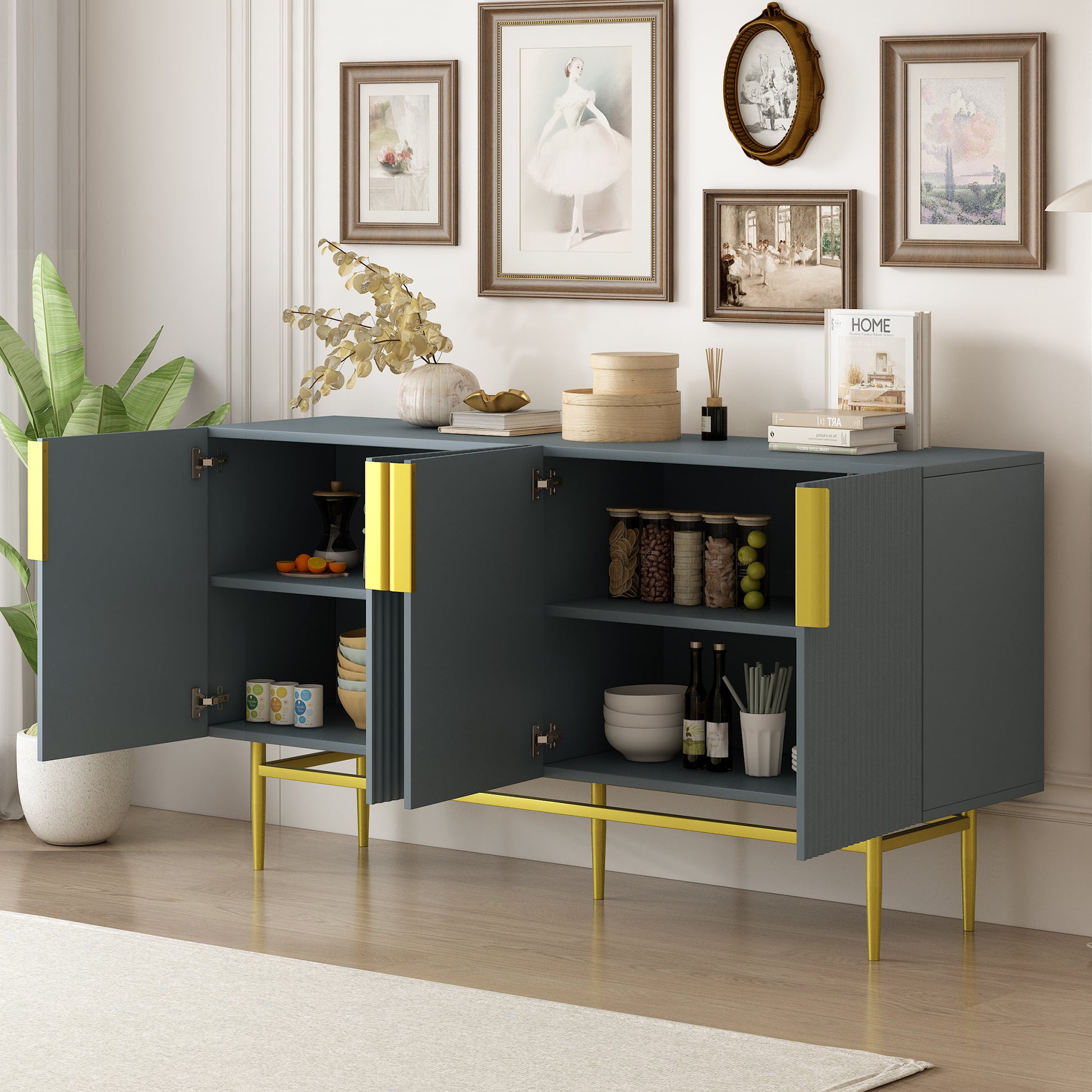 Modern Elegant 4 Door Sideboard Gold Metal Handle Buffet Cabinet For Dining Room, Living Room, Bedroom, Hallway Gray Gray Particle Board