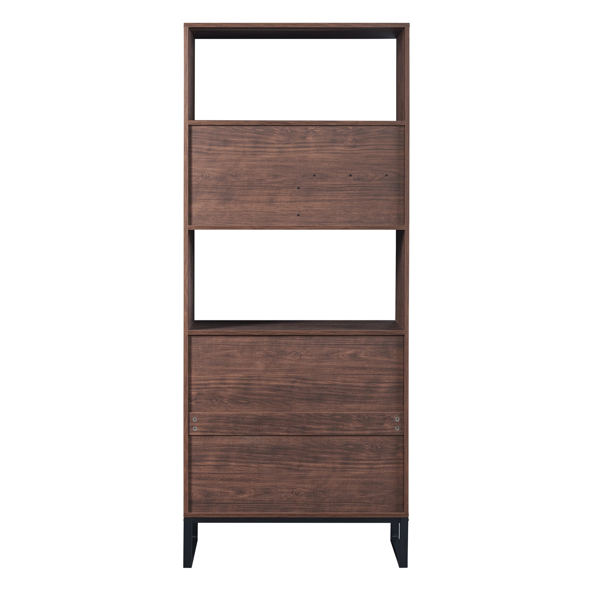 75.9"Modern Open Bookshelf With Doors, Bookcase With Storage Drawer And Led Strip Lights,Free Standing Display Rack,Wooden Tall Bookshelf For Living Room And Office, Walnut Walnut Mdf