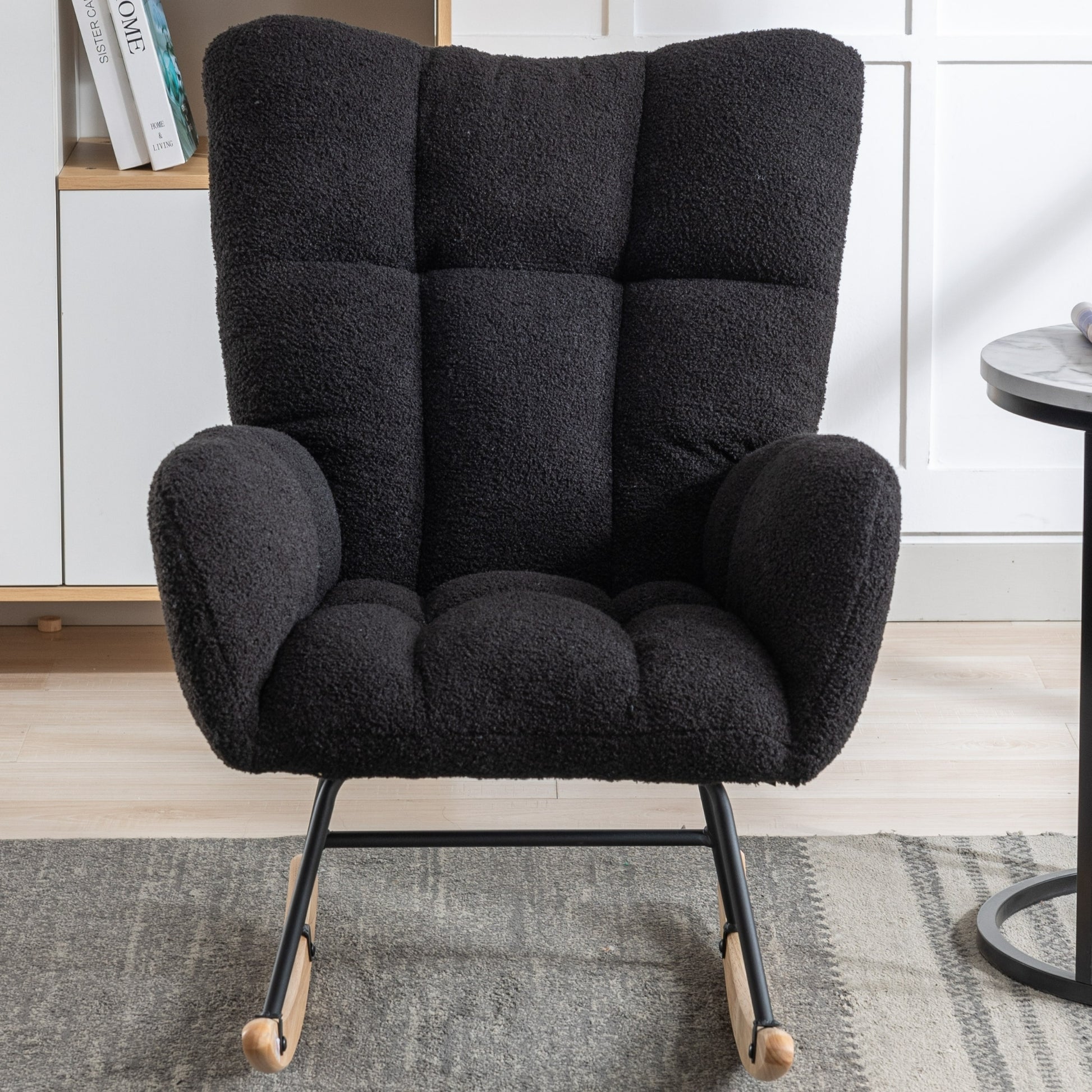 Rocking Chair With Pocket, Soft Teddy Fabric Rocking Chair For Nursery, Comfy Wingback Glider Rocker With Safe Solid Wood Base For Living Room Bedroom Balcony Black Black Casual Foam Teddy