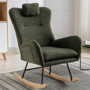 35.5 Inch Rocking Chair With Pocket, Soft Teddy Fabric Rocking Chair For Nursery, Comfy Wingback Glider Rocker With Safe Solid Wood Base For Living Room Bedroom Balcony Dark Green Dark Green Casual Foam Teddy