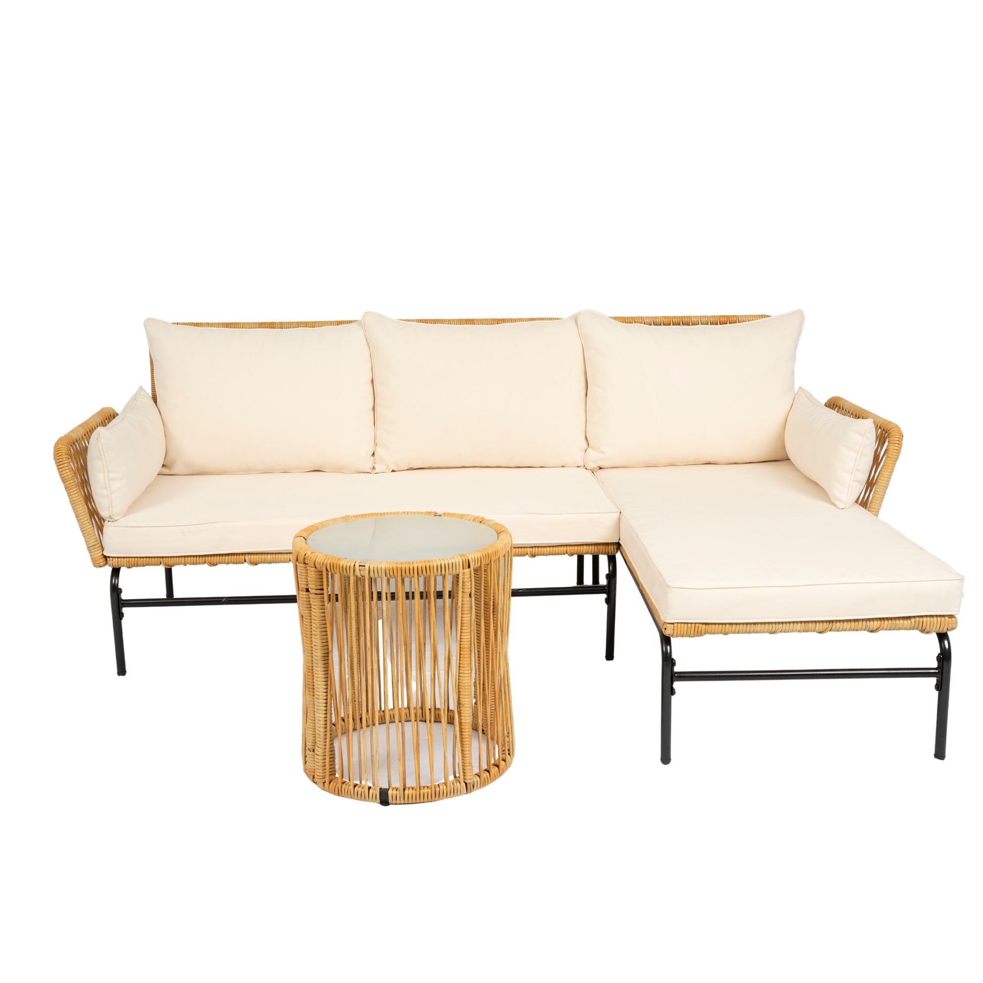 3 Pieces Outdoor Patio Wicker Furniture Sets Table And Chairs With 3.15 Inches Thick Cushion Outdoor Sofa Set Natural Yellow Wicker Creme Cushion Yes Complete Patio Set Light Yellow Rust Resistant Frame Mildew Resistant Cushion Garden & Outdoor Modern