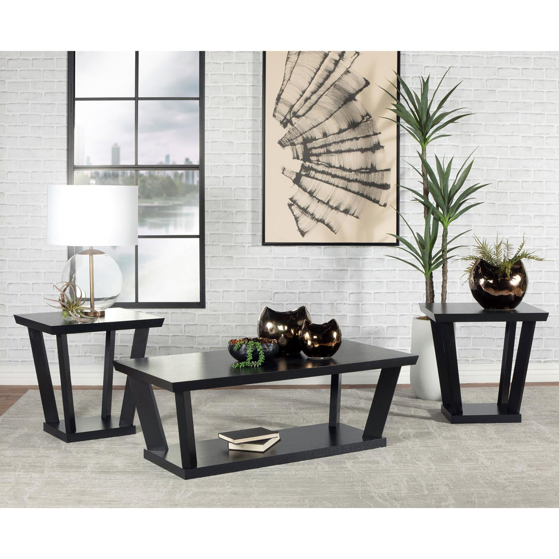 Black 3 Piece Occasional Set With Bottom Shelf Black Primary Living Space Contemporary,Modern Rectangular Open Storage Coffee & End Tables Wood Trestle