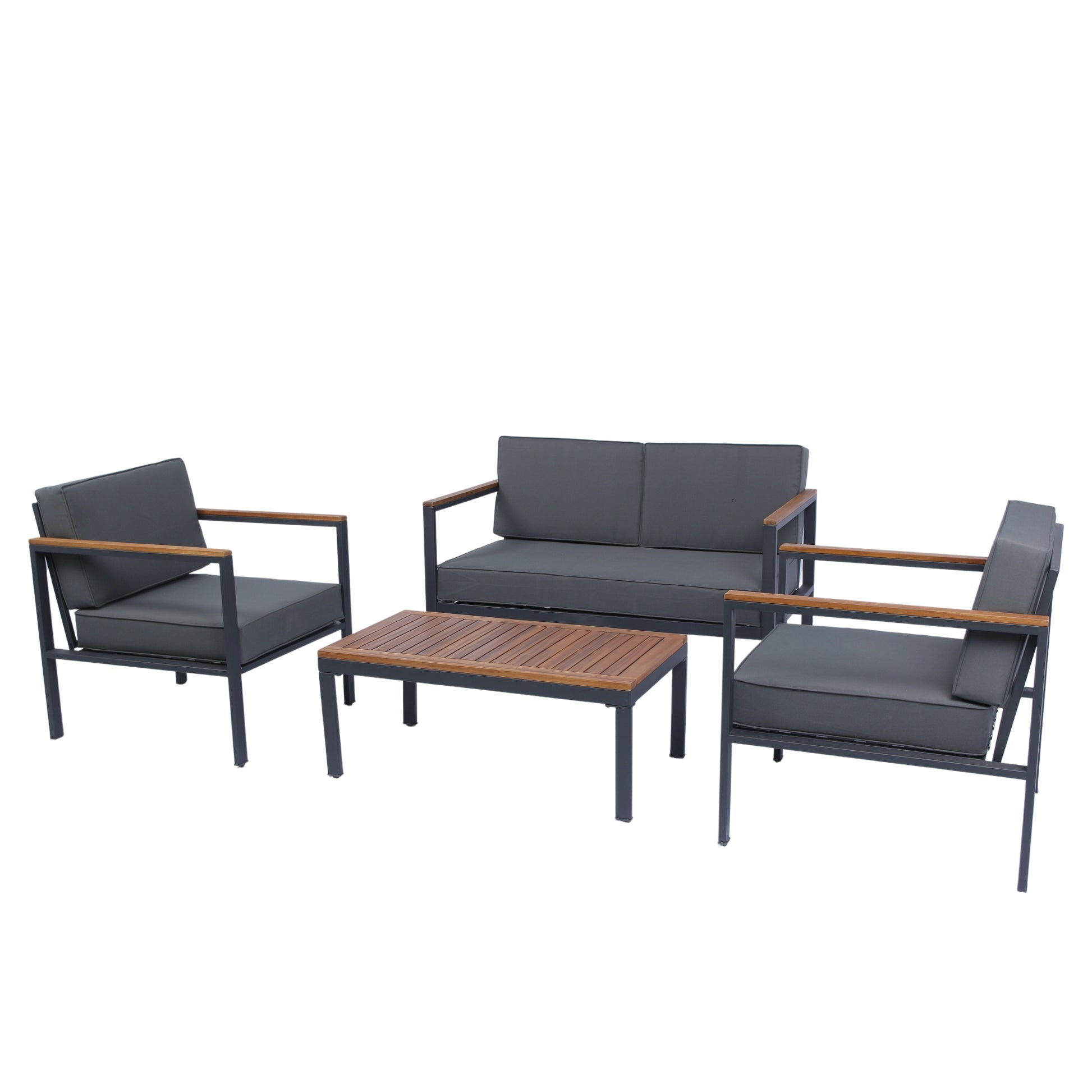 4 Piece Outdoor Sofa Set With Acacia Wood Top, Padded Patio Conversation Table Chair Set W Coffee Table For Garden, Backyard, Poolside Dark Grey Cushion Yes Complete Patio Set Dark Grey Rust Resistant Frame Mildew Resistant Cushion Garden & Outdoor