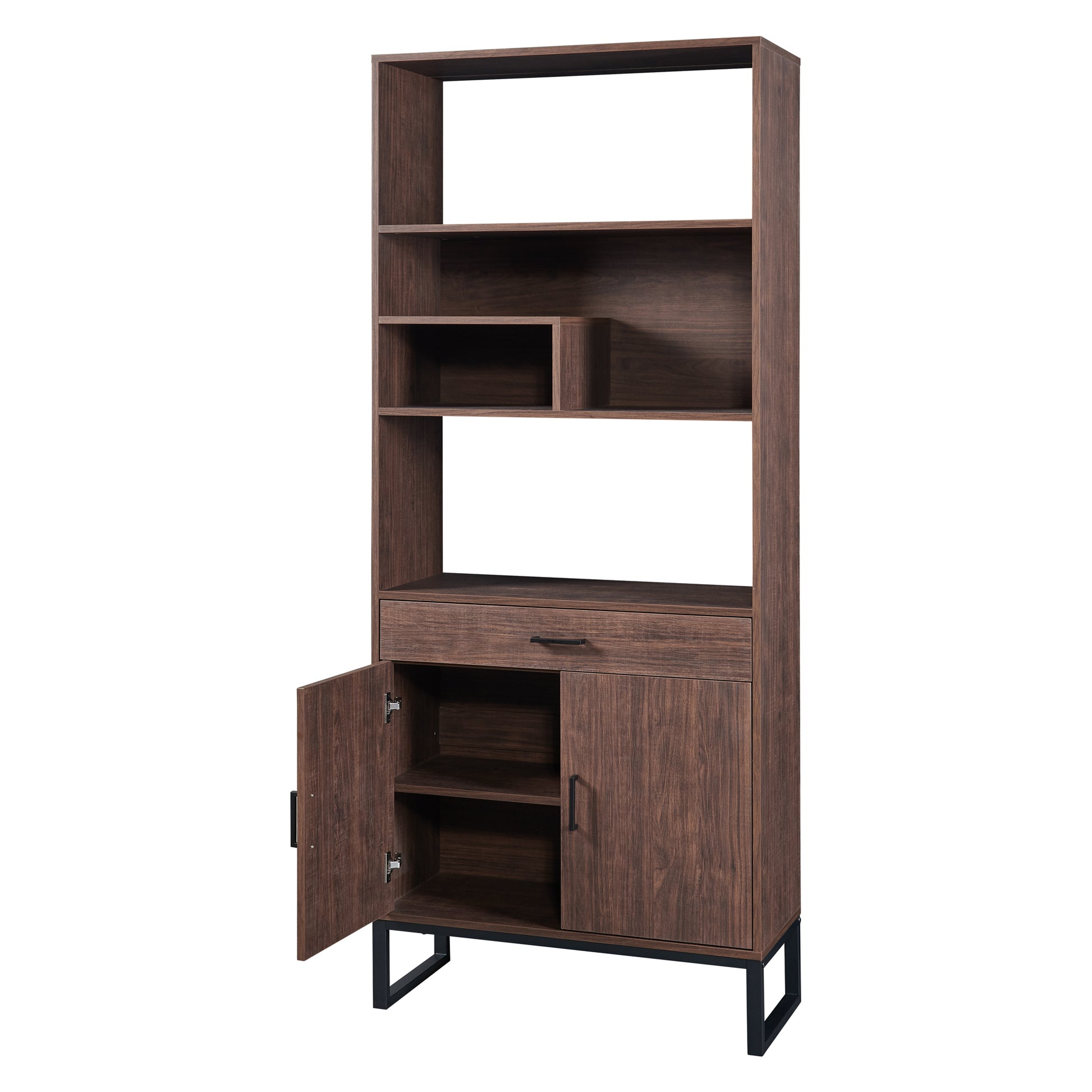 75.9"Modern Open Bookshelf With Doors, Bookcase With Storage Drawer And Led Strip Lights,Free Standing Display Rack,Wooden Tall Bookshelf For Living Room And Office, Walnut Walnut Mdf