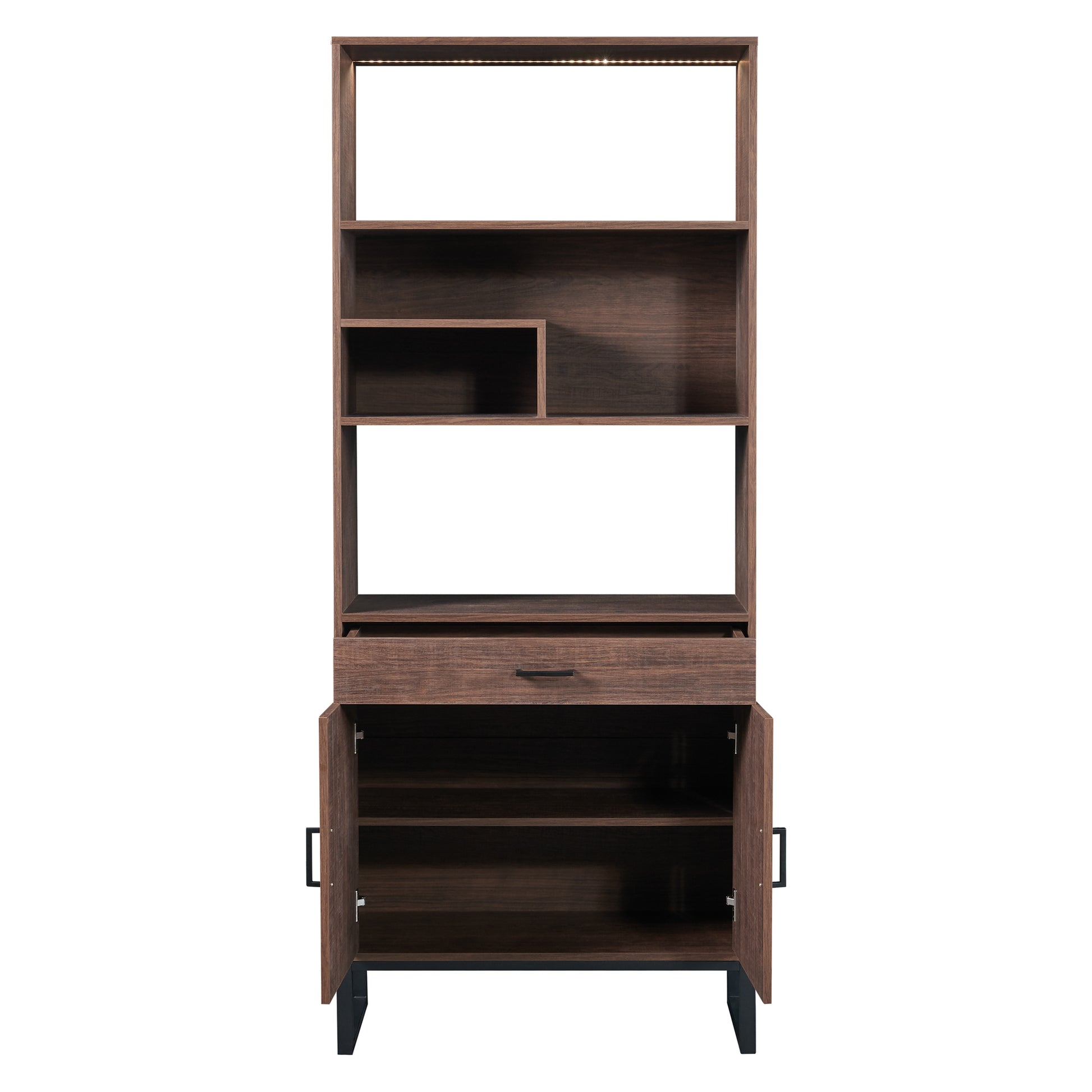 75.9"Modern Open Bookshelf With Doors, Bookcase With Storage Drawer And Led Strip Lights,Free Standing Display Rack,Wooden Tall Bookshelf For Living Room And Office, Walnut Walnut Mdf