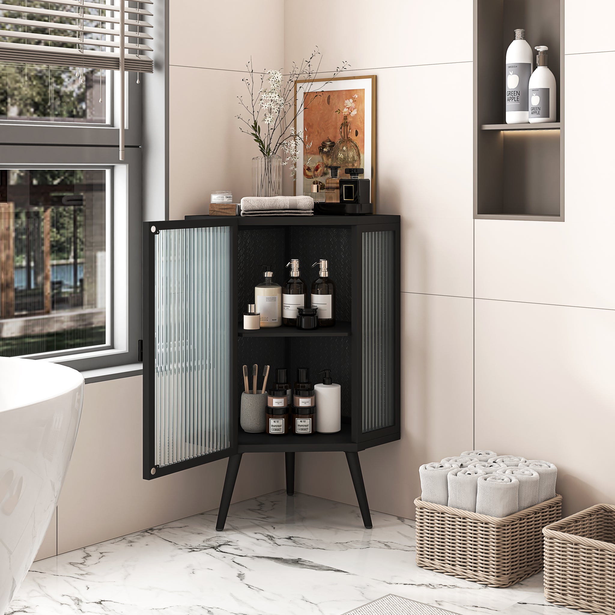 22.25" Floor Coner Cabinet with Tempered Glass Door & black-glass+metal