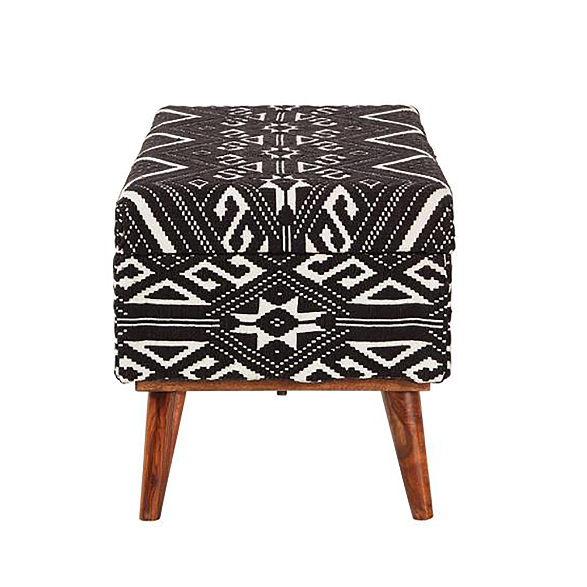 Black And White Upholstered Storage Bench Cushioned Black Brown Primary Living Space Cotton Or Cotton Blend Ikat Black Mid Century Modern Mango Wood Internal Storage Foam Fabric