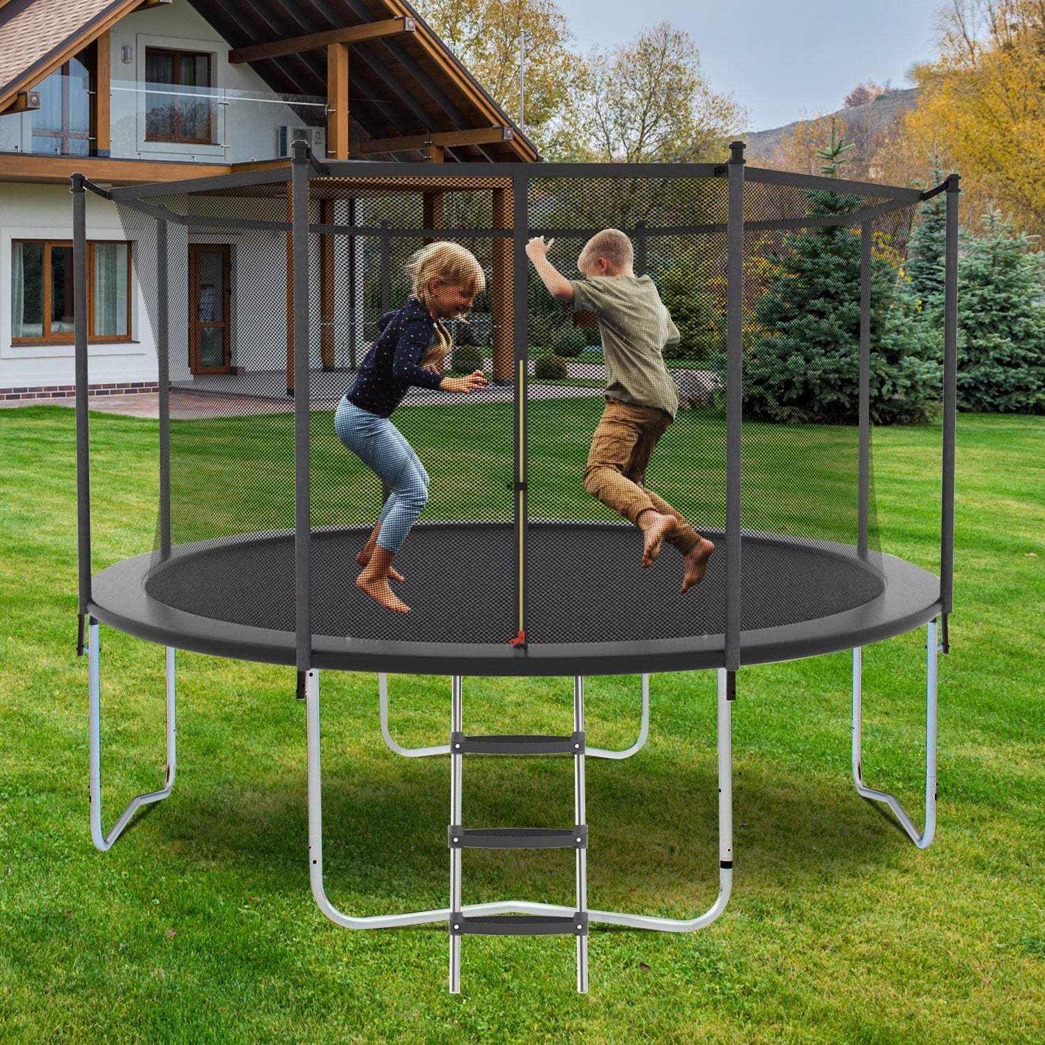 16FT Trampoline with Safety Enclosure Net, Outdoor gray-wear-resistant-garden & outdoor-iron