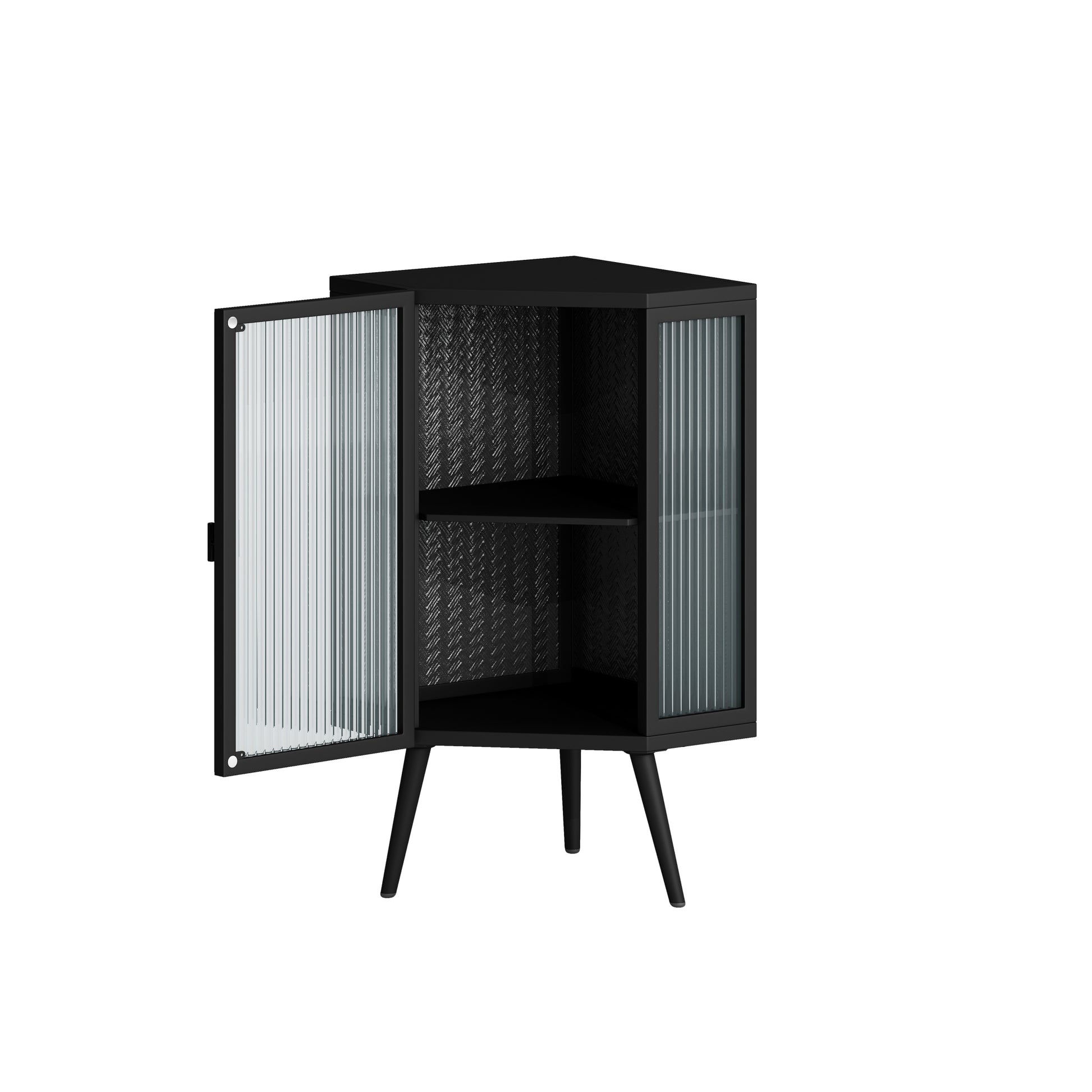 22.25" Floor Coner Cabinet With Tempered Glass Door & Storage Shelves For Bathroom, Living Room, Bedroom Black Black Glass Metal