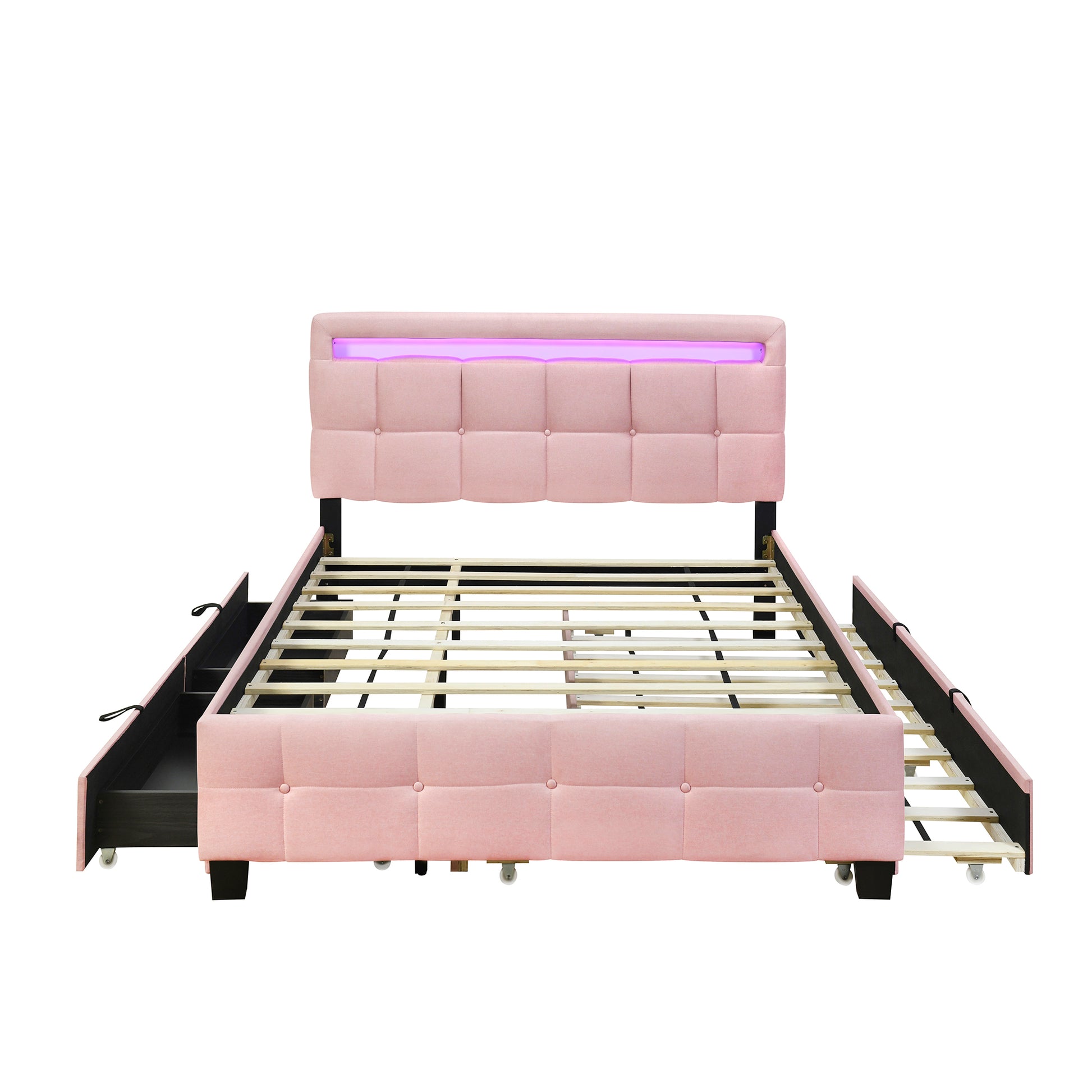 Queen Size Upholstered Platform Bed With Led Frame, With Twin Xl Size Trundle And 2 Drawers, Linen Fabric, Pink Pink Linen