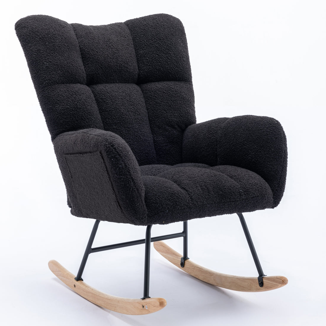 Rocking Chair With Pocket, Soft Teddy Fabric Rocking Chair For Nursery, Comfy Wingback Glider Rocker With Safe Solid Wood Base For Living Room Bedroom Balcony Black Black Casual Foam Teddy