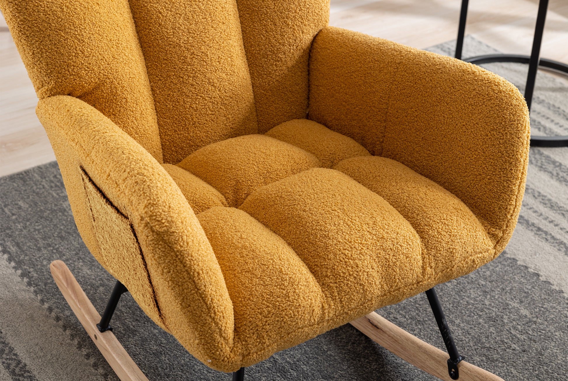 Rocking Chair With Pocket, Soft Teddy Fabric Rocking Chair For Nursery, Comfy Wingback Glider Rocker With Safe Solid Wood Base For Living Room Bedroom Balcony Turmeric Yellow Casual Foam Teddy