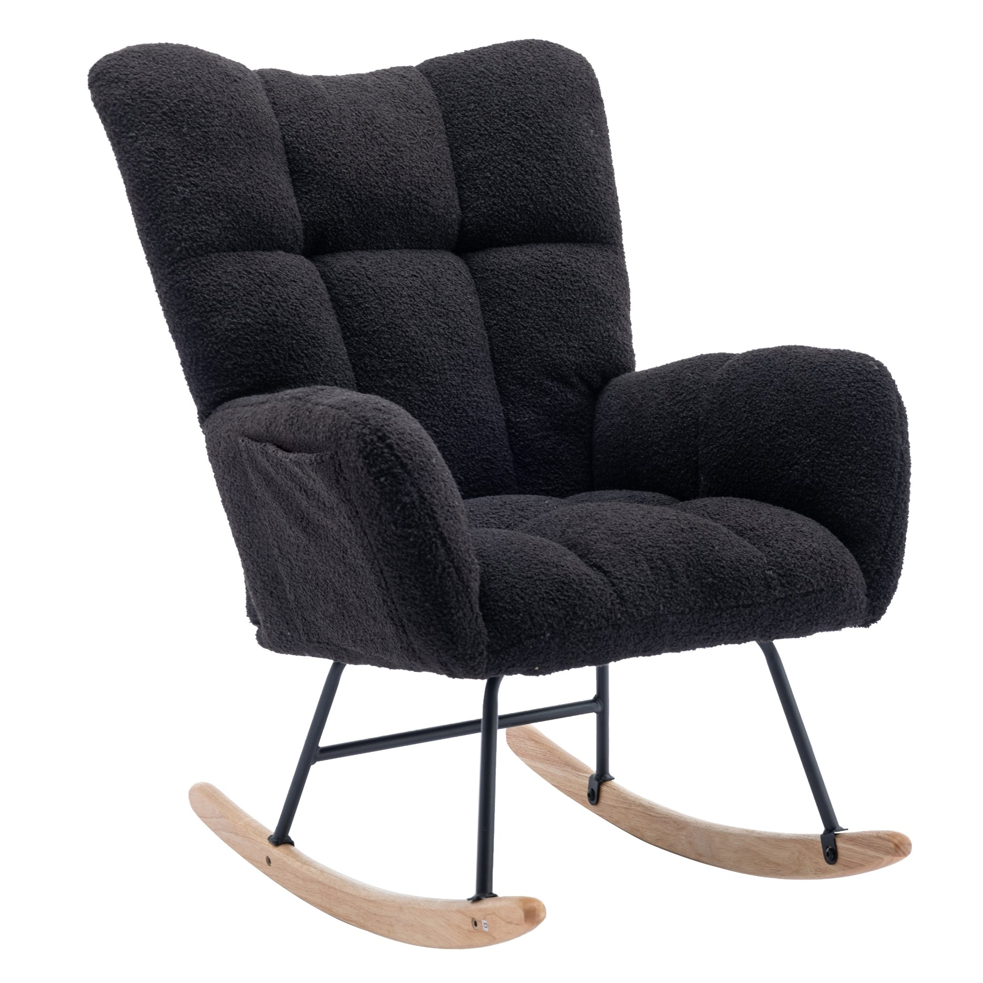 Rocking Chair With Pocket, Soft Teddy Fabric Rocking Chair For Nursery, Comfy Wingback Glider Rocker With Safe Solid Wood Base For Living Room Bedroom Balcony Black Black Casual Foam Teddy