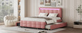 Queen Size Upholstered Platform Bed With Led Frame, With Twin Xl Size Trundle And 2 Drawers, Linen Fabric, Pink Pink Linen