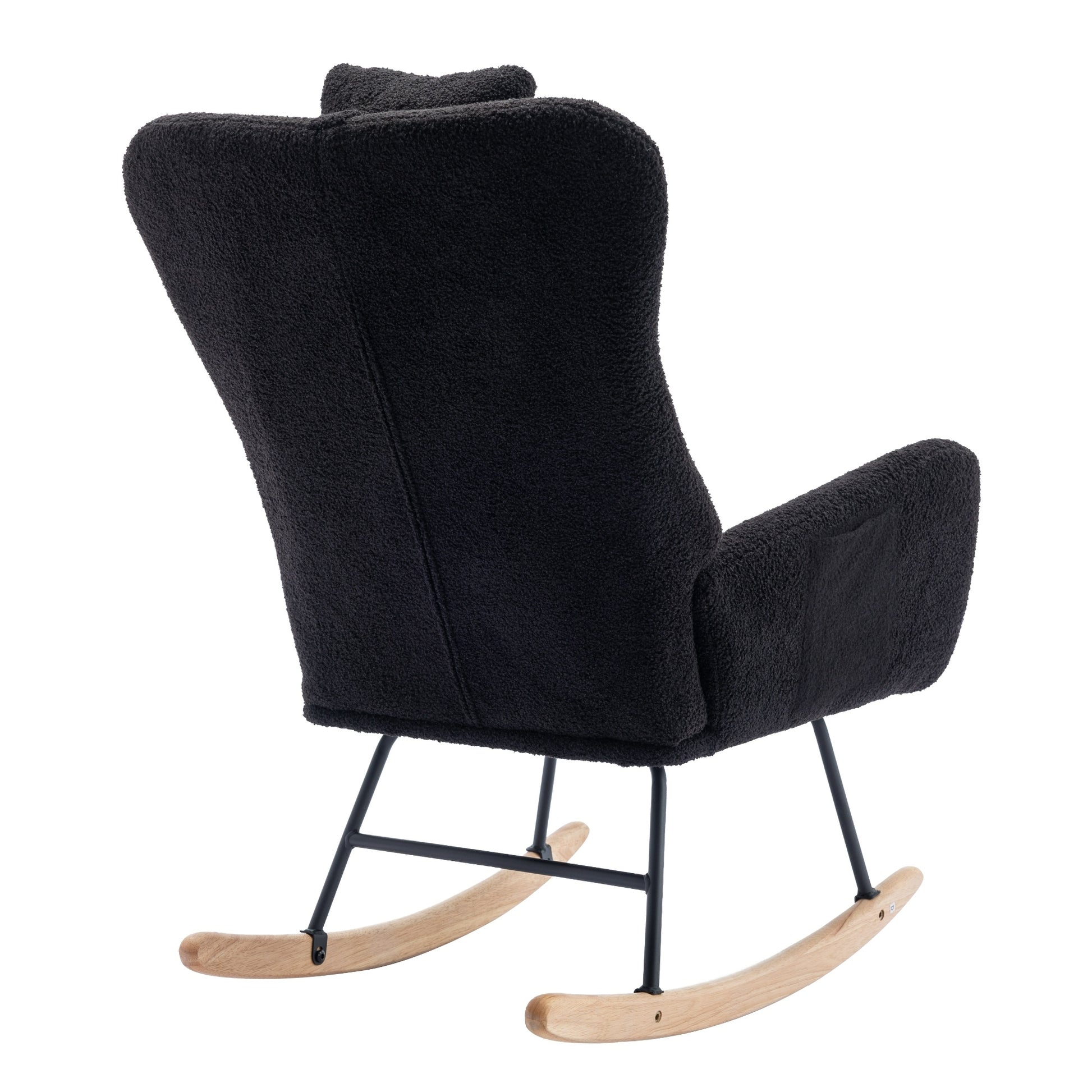 35.5 Inch Rocking Chair With Pocket, Soft Teddy Fabric Rocking Chair For Nursery, Comfy Wingback Glider Rocker With Safe Solid Wood Base For Living Room Bedroom Balcony Black Black Casual Foam Teddy
