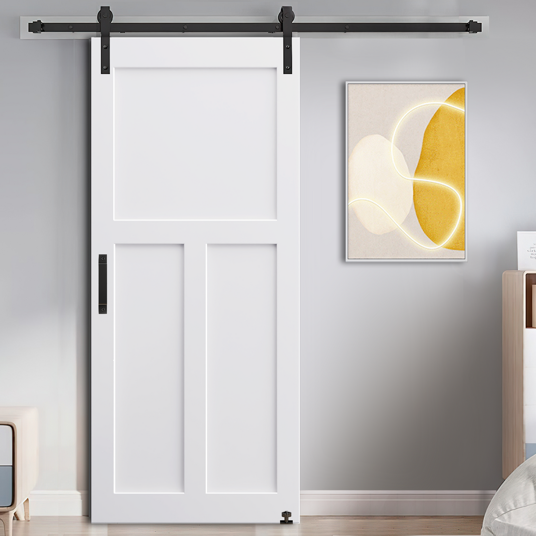 32" X 84" "T" Style Real Primed Door Slab 6.6Ft Barn Door Sliding Hardware Adjustable Floor Guider Pull Handle, Diy Unfinished Paneled Door, Modern Interior Barn Door, Moisture Proof White Mdf