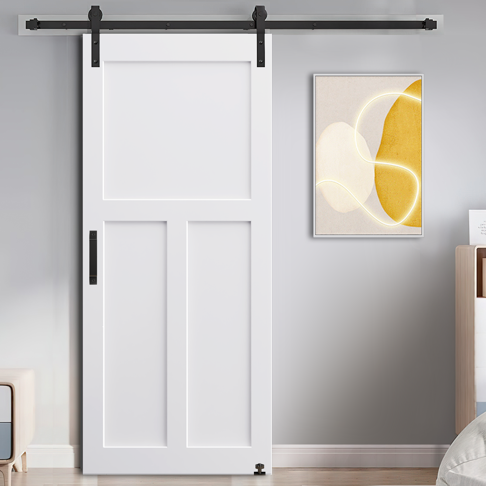 28" X 84" "T" Style Real Primed Door Slab 6.6Ft Barn Door Sliding Hardware Adjustable Floor Guider Pull Handle, Diy Unfinished Paneled Door, Modern Interior Barn Door, Moisture Proof White Mdf