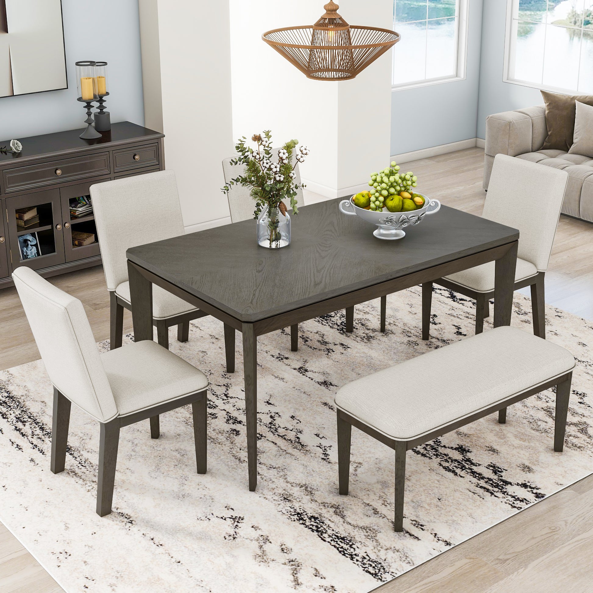 6 Piece Dining Table Set With Upholstered Dining Chairs And Bench,Farmhouse Style, Tapered Legs, Dark Gray Beige Gray Wood Dining Room Bench Seating Rubberwood Rectangular Dining Table With Chair And Bench Upholstered Chair Wood Beige Grey Solid Back