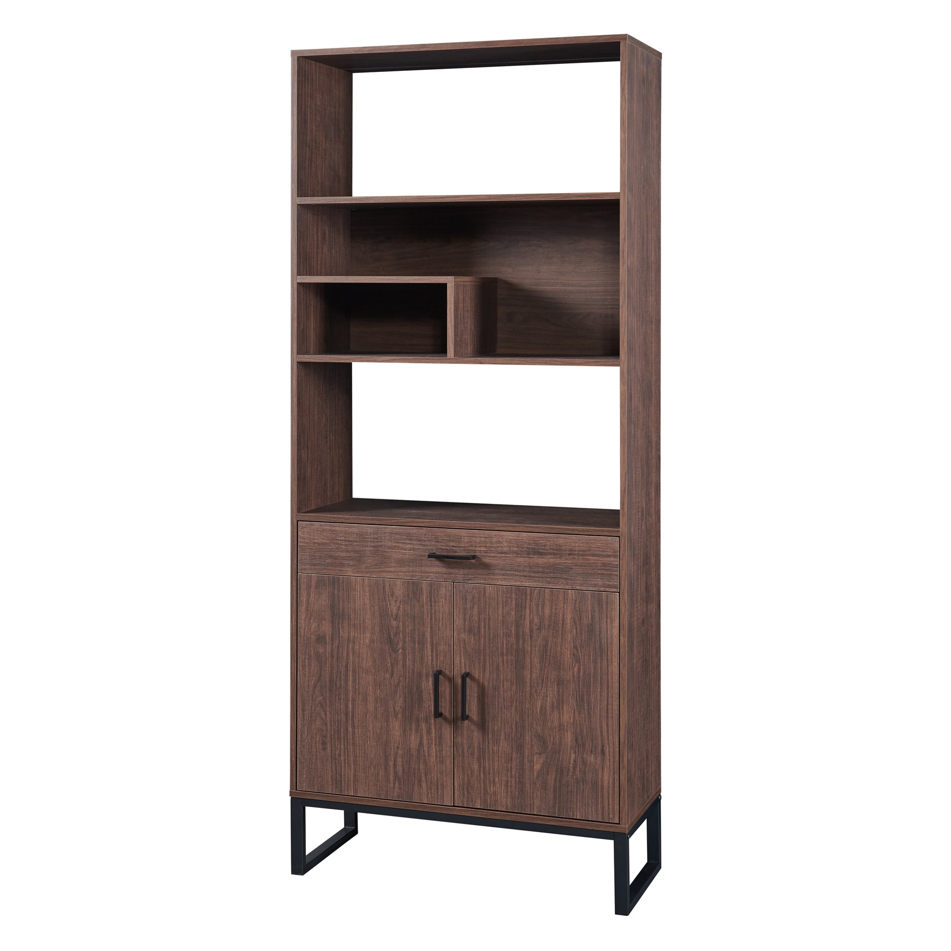 75.9"Modern Open Bookshelf With Doors, Bookcase With Storage Drawer And Led Strip Lights,Free Standing Display Rack,Wooden Tall Bookshelf For Living Room And Office, Walnut Walnut Mdf