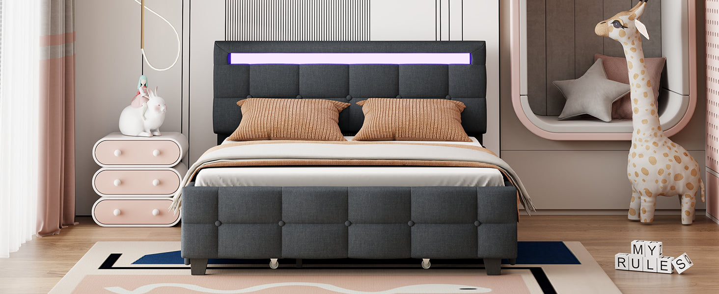 Queen Size Upholstered Platform Bed With Led Frame And 4 Drawers, Linen Fabric, Gray Gray Linen