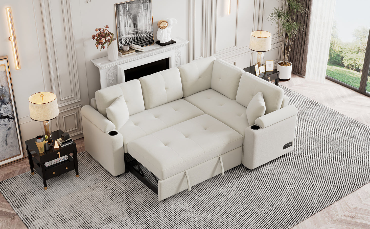 83" L Shape Sofa Bed Pull Out Sleeper Sofa With Wheels, Usb Ports, Power Sockets For Living Room, Beige Beige Foam Boucle 3 Seat