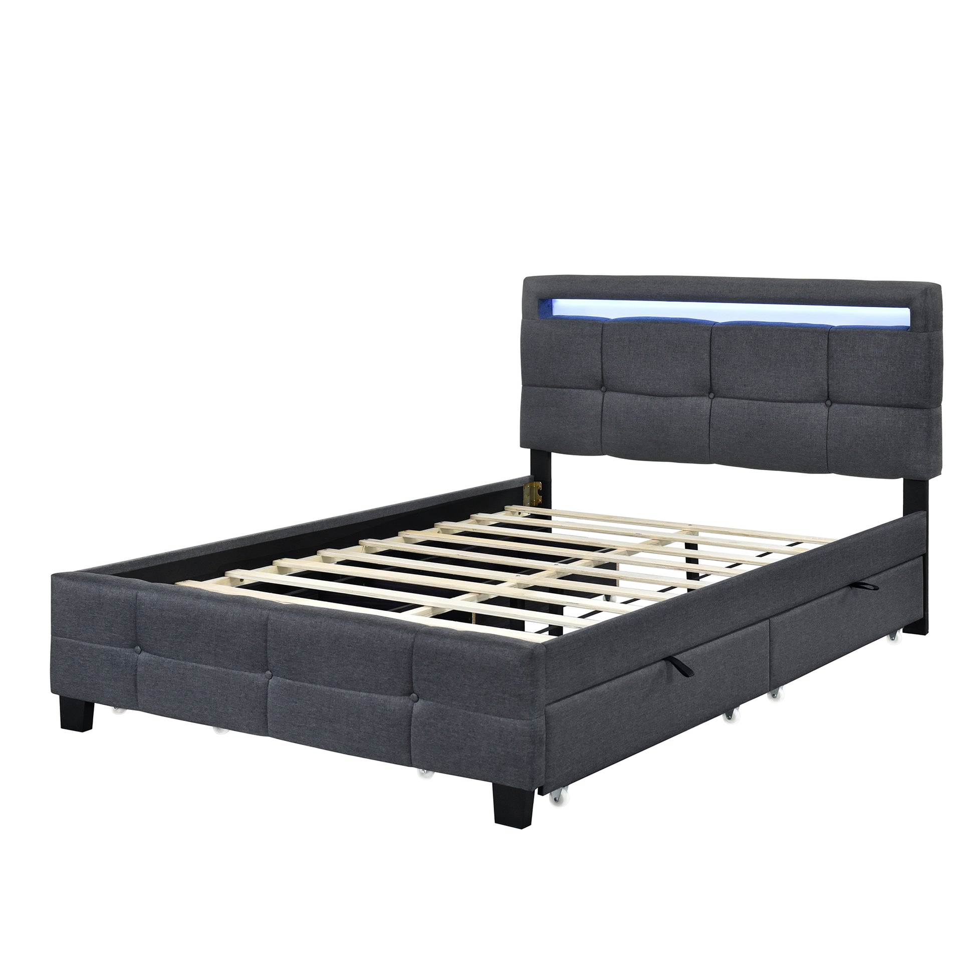 Full Size Upholstered Platform Bed With Led Frame And 4 Drawers, Linen Fabric, Gray Gray Linen