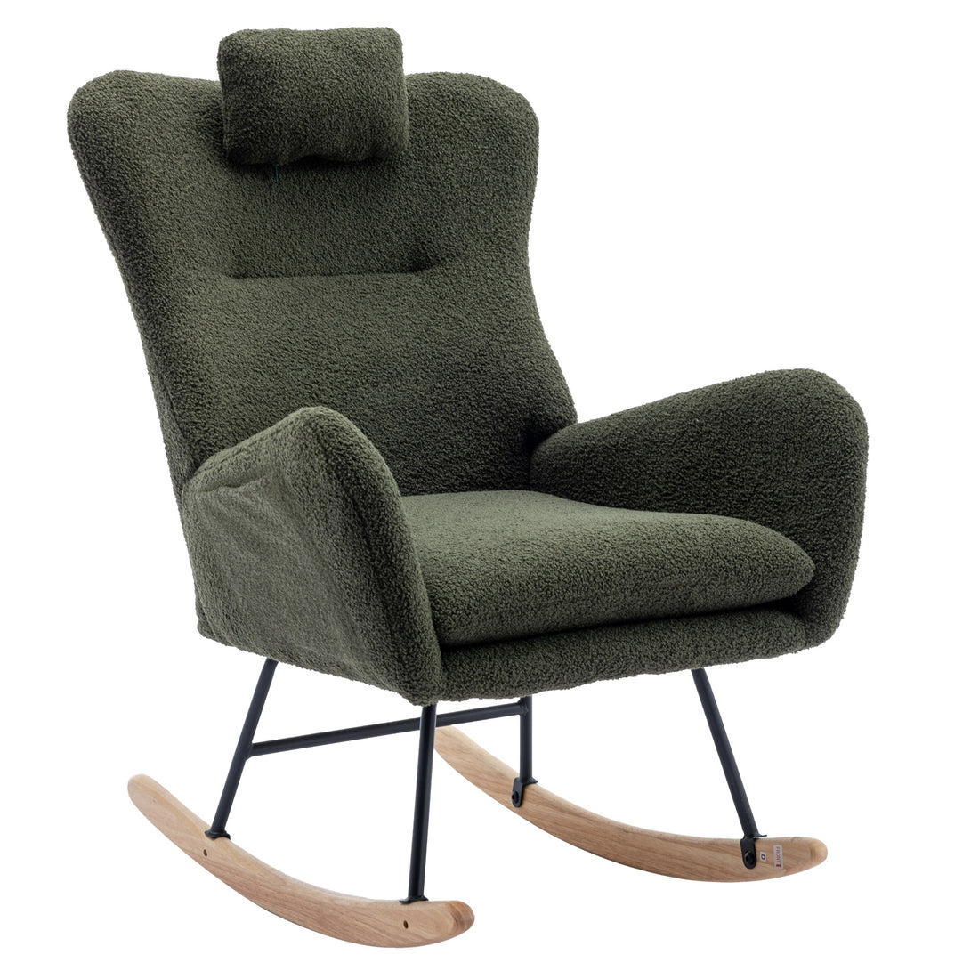 35.5 Inch Rocking Chair With Pocket, Soft Teddy Fabric Rocking Chair For Nursery, Comfy Wingback Glider Rocker With Safe Solid Wood Base For Living Room Bedroom Balcony Dark Green Dark Green Casual Foam Teddy