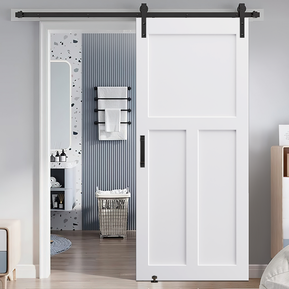 36" X 84" "T" Style Real Primed Door Slab 6.6Ft Barn Door Sliding Hardware Adjustable Floor Guider Pull Handle, Diy Unfinished Paneled Door, Modern Interior Barn Door, Moisture Proof White Mdf