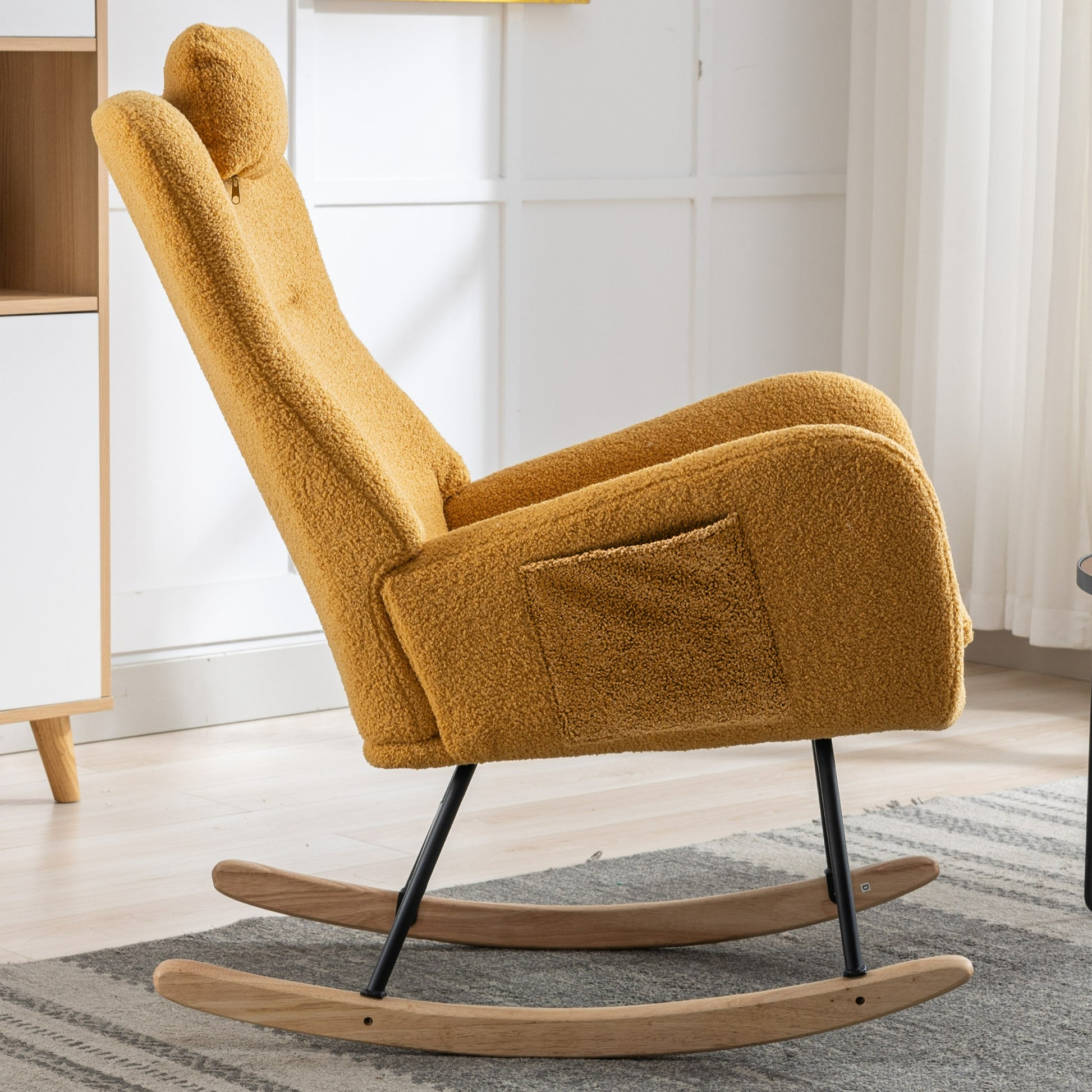 35.5 Inch Rocking Chair With Pocket, Soft Teddy Fabric Rocking Chair For Nursery, Comfy Wingback Glider Rocker With Safe Solid Wood Base For Living Room Bedroom Balcony Turmeric Yellow Casual Foam Teddy