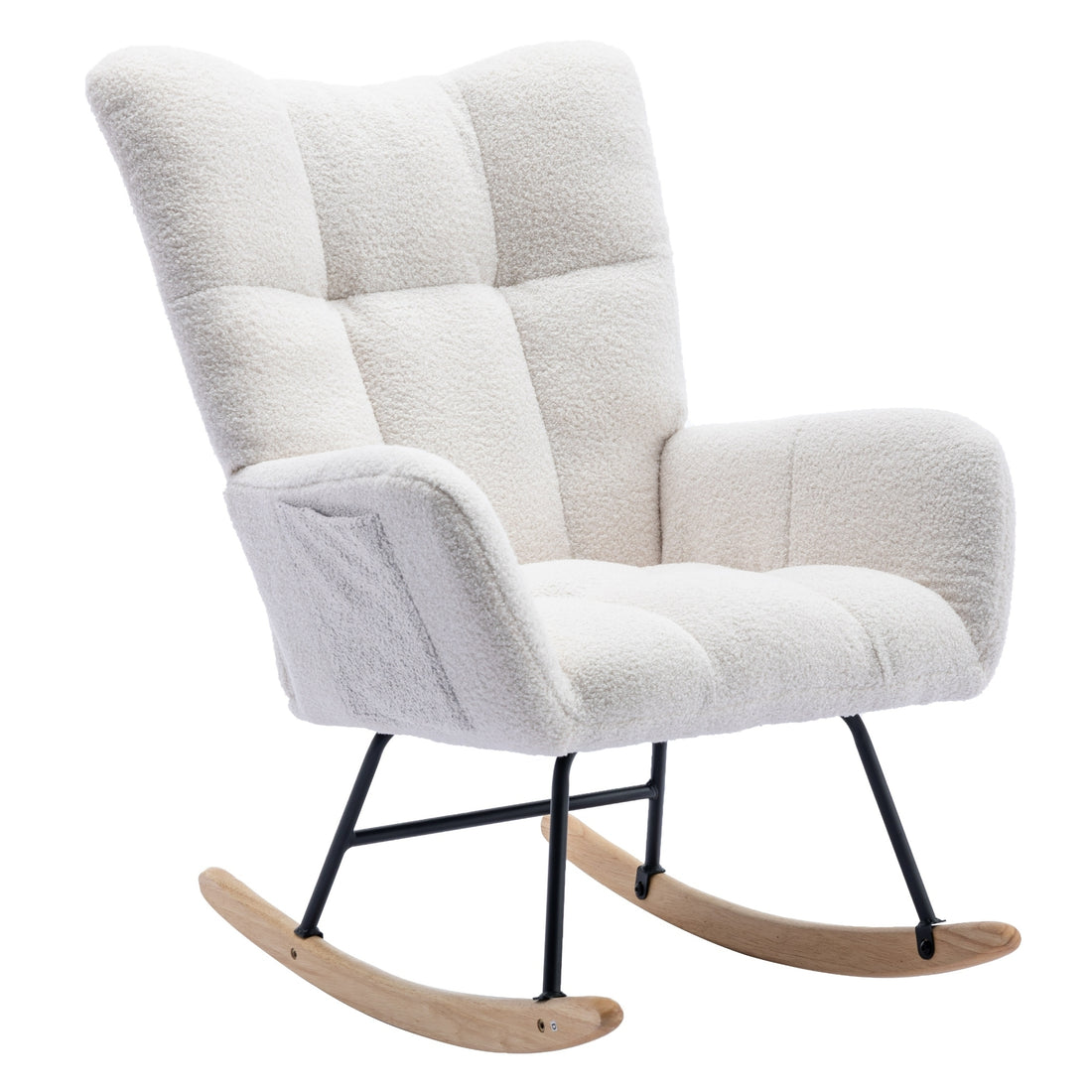 Rocking Chair With Pocket, Soft Teddy Fabric Rocking Chair For Nursery, Comfy Wingback Glider Rocker With Safe Solid Wood Base For Living Room Bedroom Balcony White White Casual Foam Teddy
