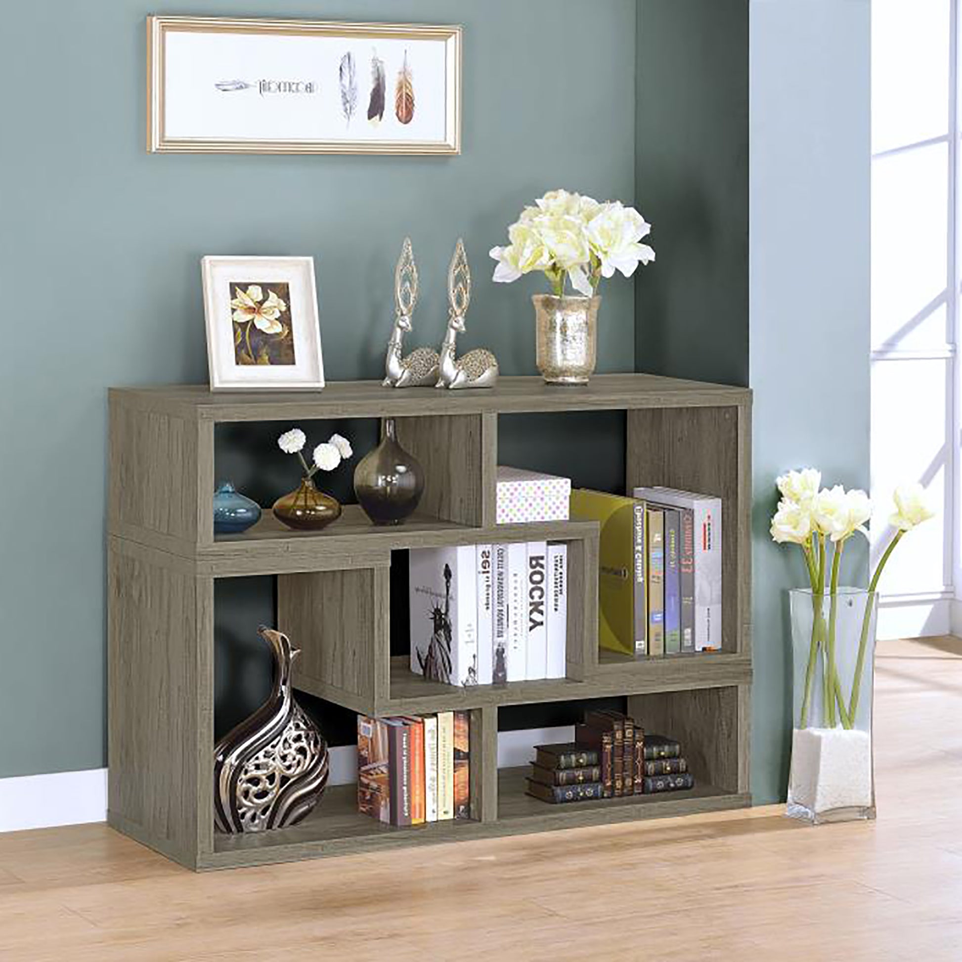 Grey Driftwood Convertable Bookcase 6 Grey Gray Standard Office Open Back Wood Transitional Wood