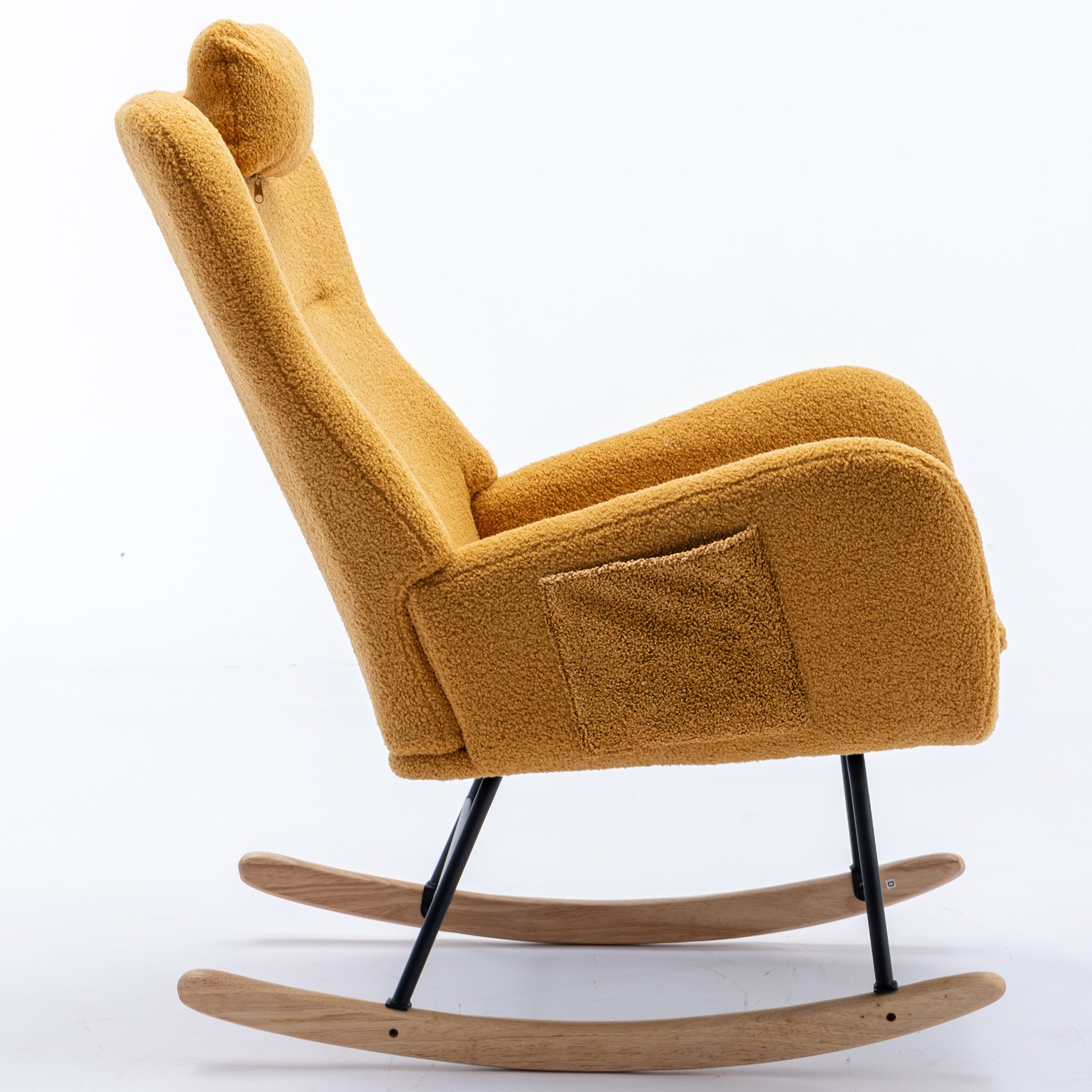 35.5 Inch Rocking Chair With Pocket, Soft Teddy Fabric Rocking Chair For Nursery, Comfy Wingback Glider Rocker With Safe Solid Wood Base For Living Room Bedroom Balcony Turmeric Yellow Casual Foam Teddy