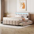 Queen Size Upholstered Platform Bed With Led Frame, With Twin Xl Size Trundle And 2 Drawers, Linen Fabric, Beige Beige Linen