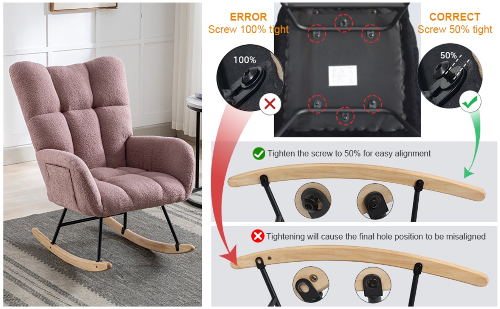 Rocking Chair With Pocket, Soft Teddy Fabric Rocking Chair For Nursery, Comfy Wingback Glider Rocker With Safe Solid Wood Base For Living Room Bedroom Balcony Pink Pink Casual Foam Teddy