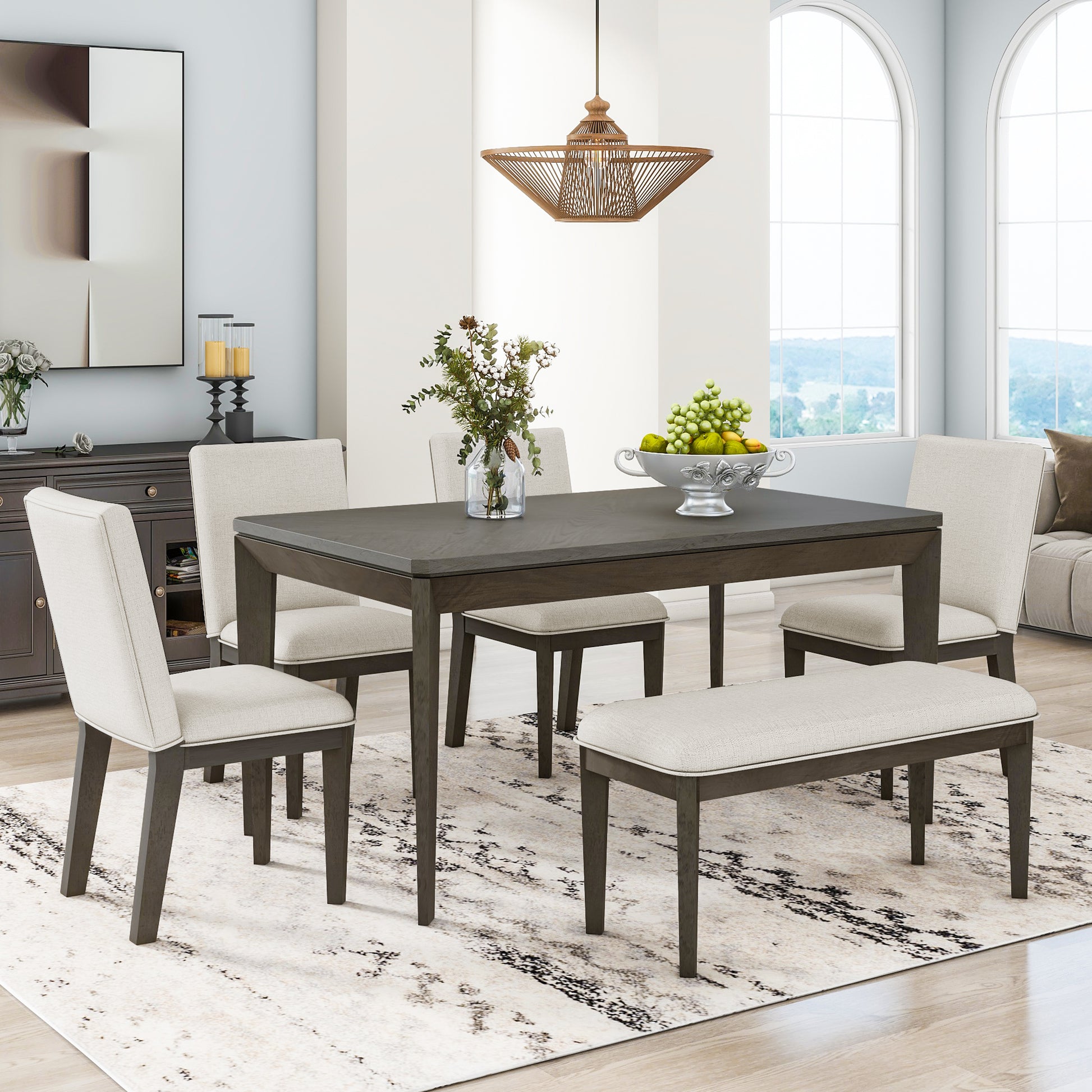 6 Piece Dining Table Set With Upholstered Dining Chairs And Bench,Farmhouse Style, Tapered Legs, Dark Gray Beige Gray Wood Dining Room Bench Seating Rubberwood Rectangular Dining Table With Chair And Bench Upholstered Chair Wood Beige Grey Solid Back