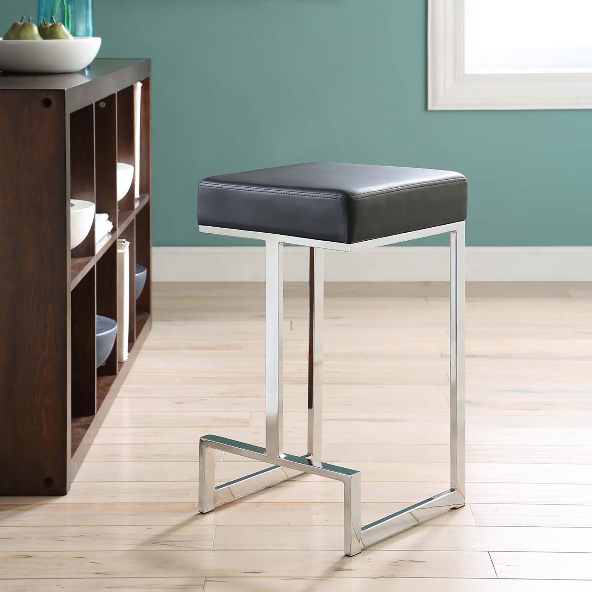 Black And Chrome Upholstered Counter Height Stool Solid Black Dining Room Foam Spot Clean Square Contemporary,Modern Bar Stools Foam Faux Leather