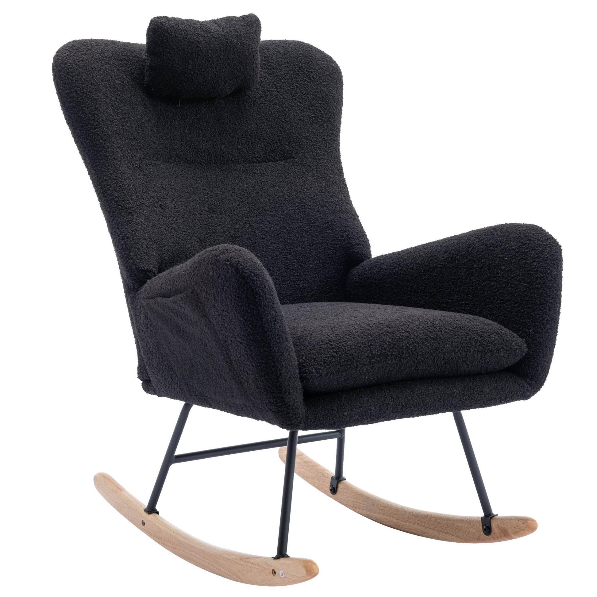 35.5 Inch Rocking Chair With Pocket, Soft Teddy Fabric Rocking Chair For Nursery, Comfy Wingback Glider Rocker With Safe Solid Wood Base For Living Room Bedroom Balcony Black Black Casual Foam Teddy