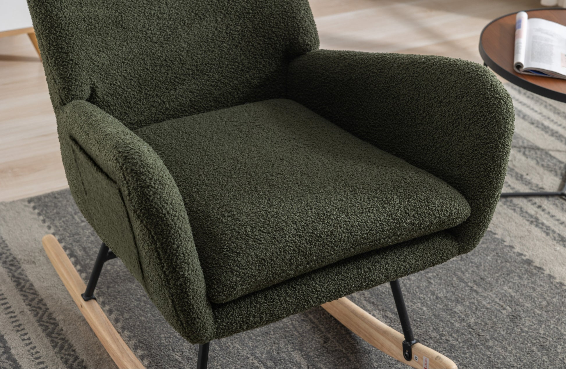 35.5 Inch Rocking Chair With Pocket, Soft Teddy Fabric Rocking Chair For Nursery, Comfy Wingback Glider Rocker With Safe Solid Wood Base For Living Room Bedroom Balcony Dark Green Dark Green Casual Foam Teddy