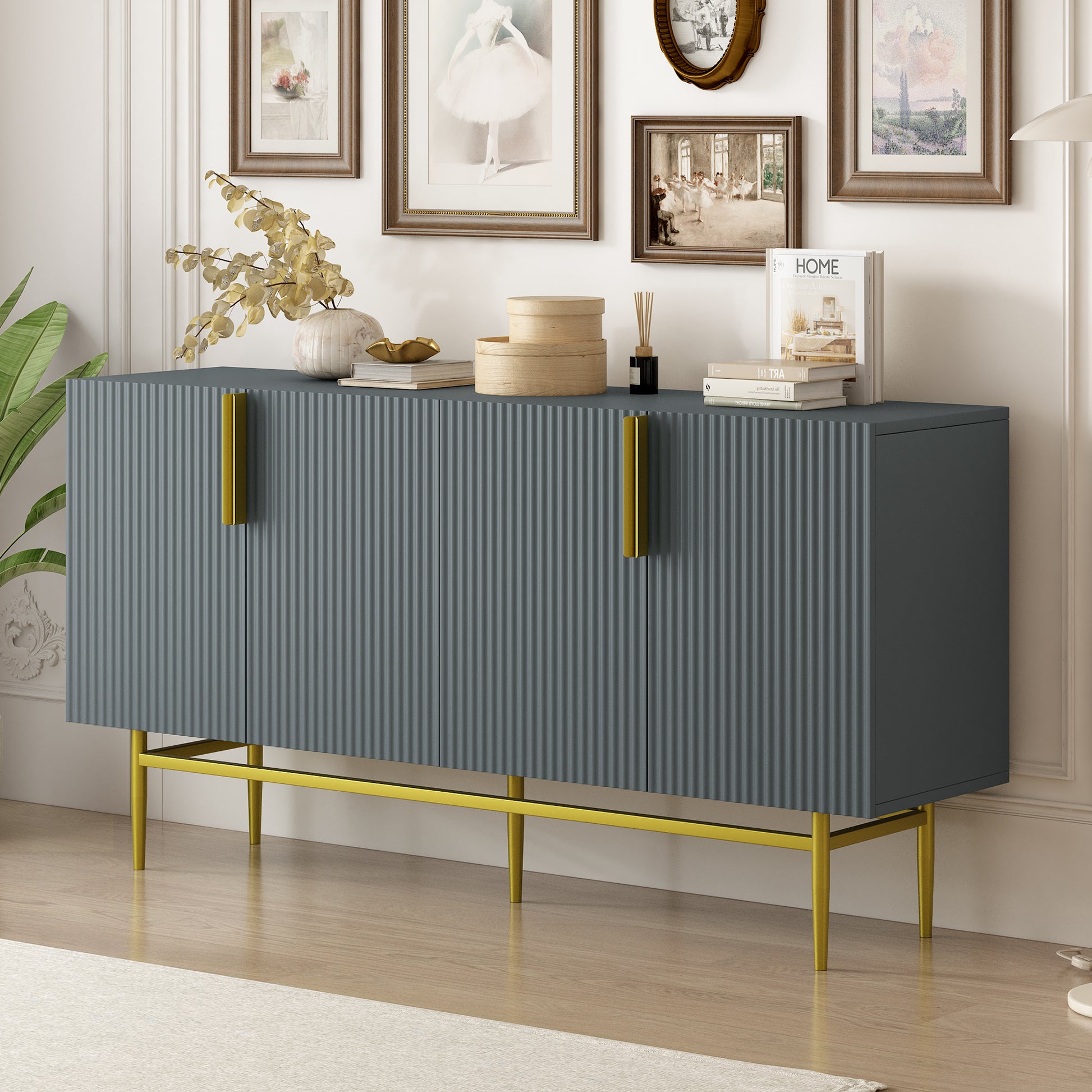 Modern Elegant 4 Door Sideboard Gold Metal Handle Buffet Cabinet For Dining Room, Living Room, Bedroom, Hallway Gray Gray Particle Board