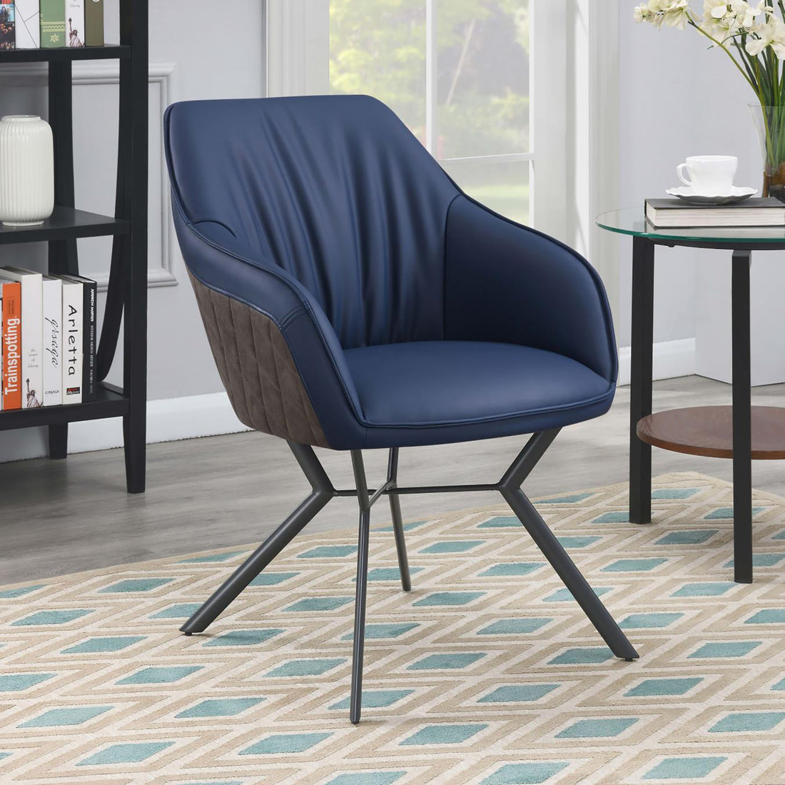 Blue And Gunmetal Upholstered Dining Chairs Set Of 2 Solid Blue Dining Room Foam Spot Clean Contemporary,Modern Side Chair Solid Back Foam Faux Leather