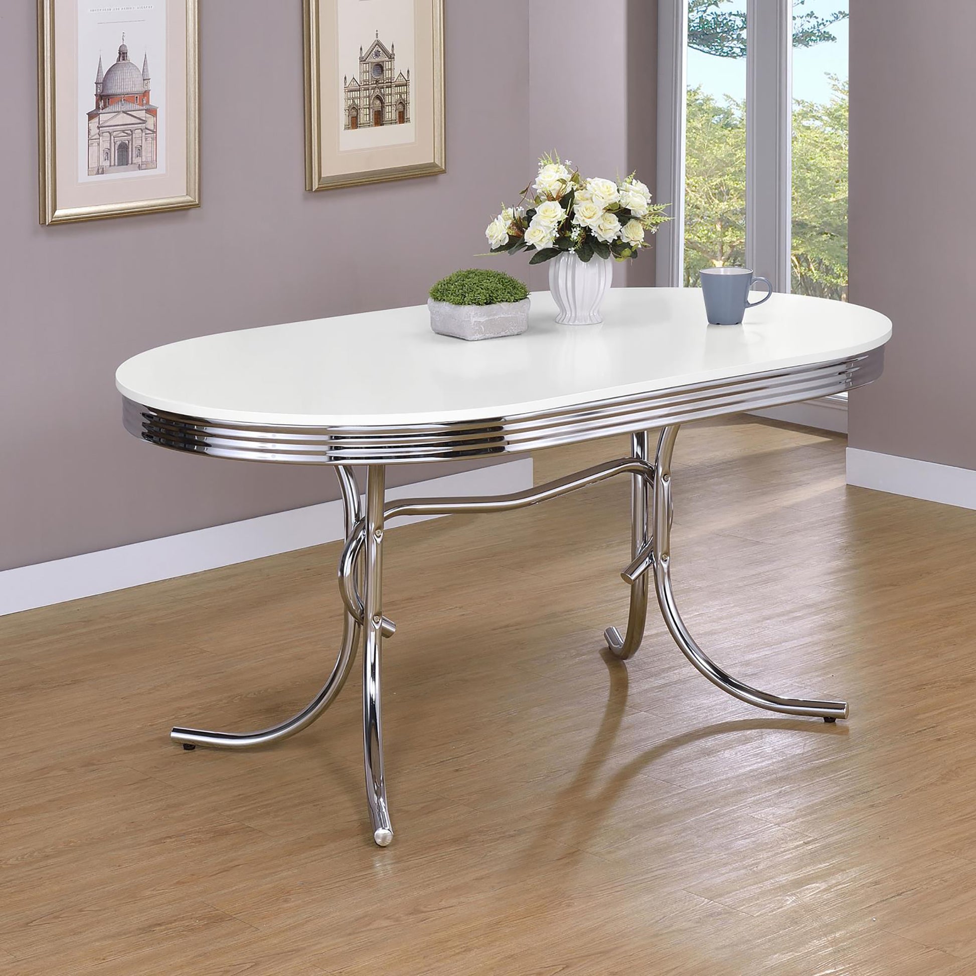 White And Chrome Oval Dining Table White Dining Room Contemporary,Modern Oval Glossy Kitchen & Dining Tables Wood