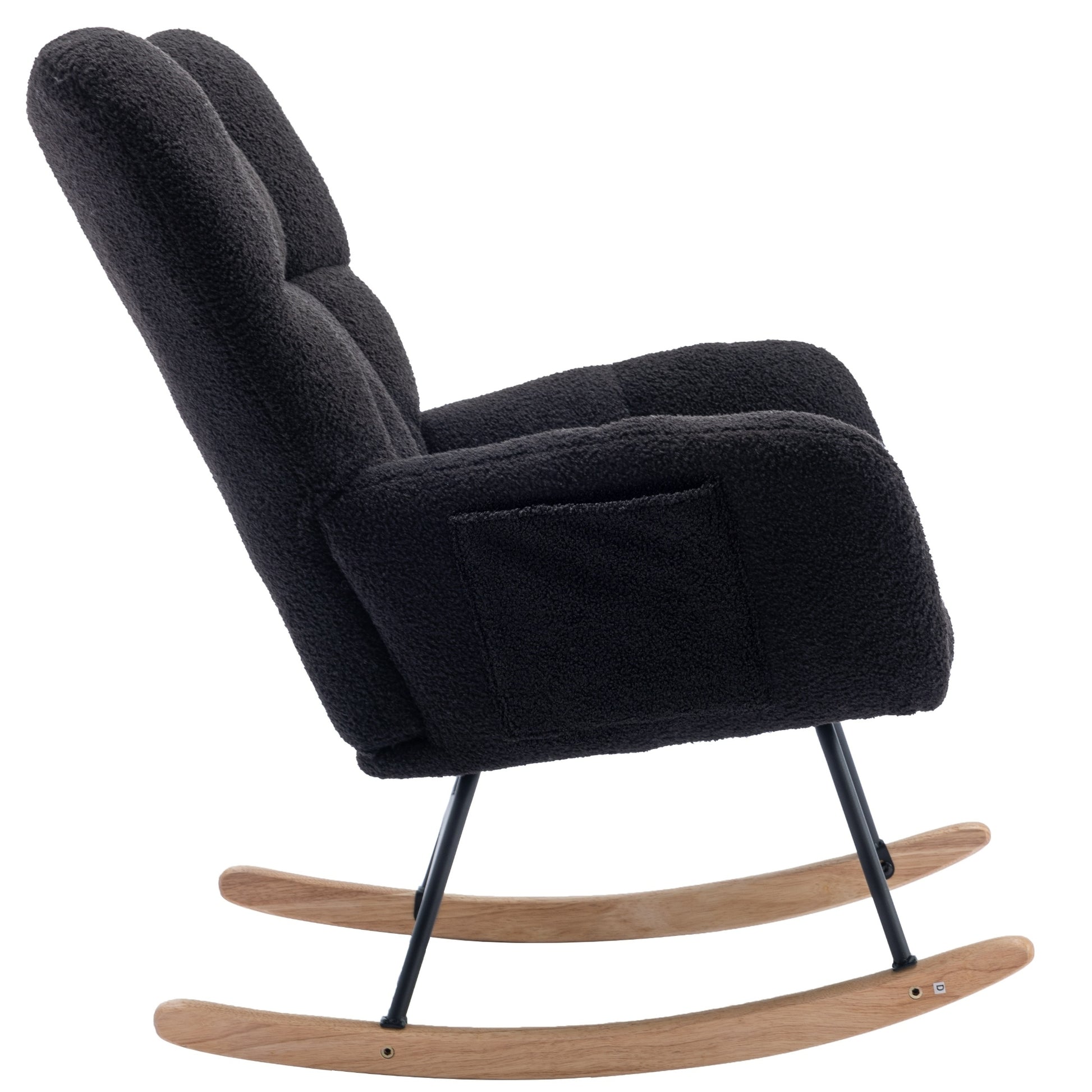 Rocking Chair With Pocket, Soft Teddy Fabric Rocking Chair For Nursery, Comfy Wingback Glider Rocker With Safe Solid Wood Base For Living Room Bedroom Balcony Black Black Casual Foam Teddy