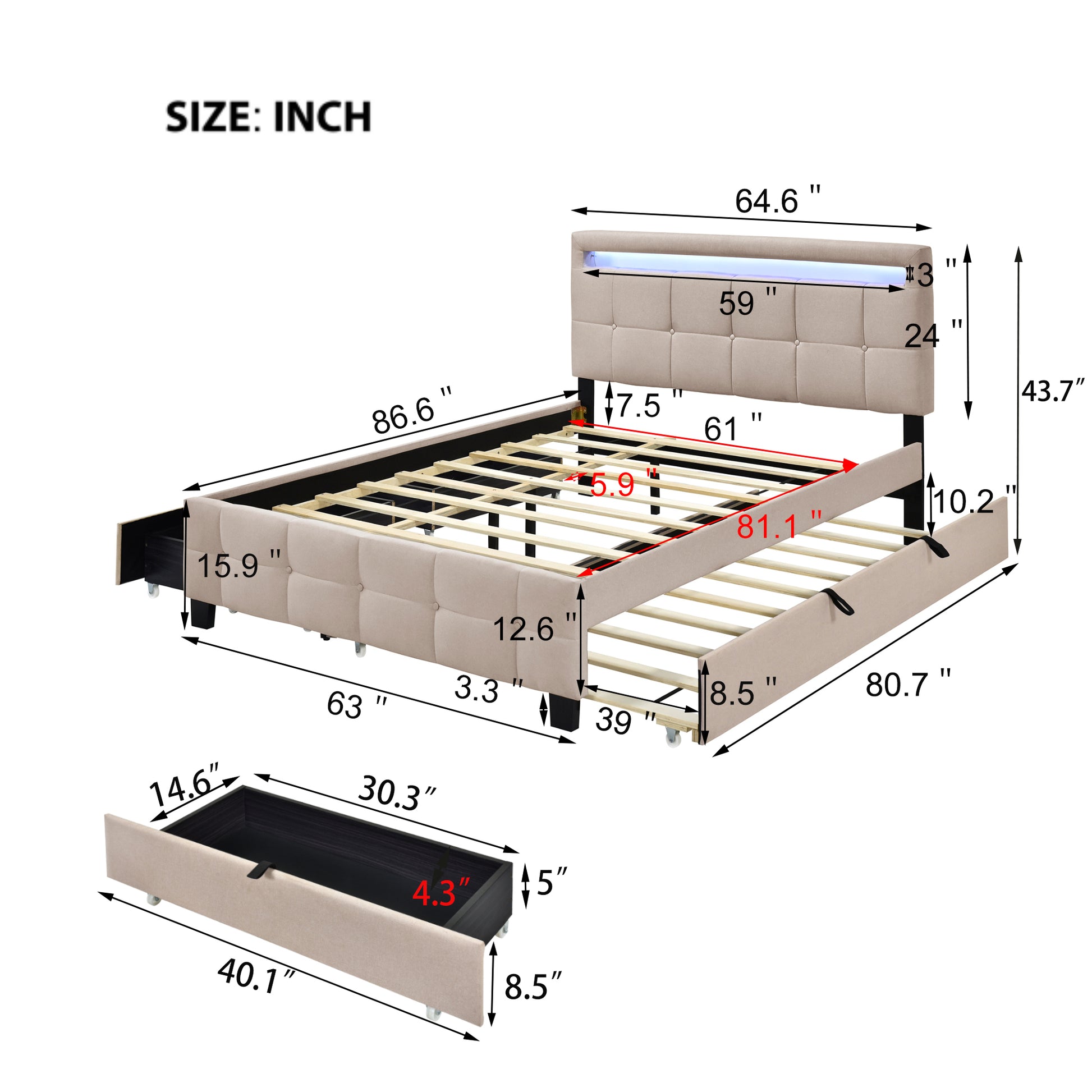 Queen Size Upholstered Platform Bed With Led Frame, With Twin Xl Size Trundle And 2 Drawers, Linen Fabric, Beige Beige Linen