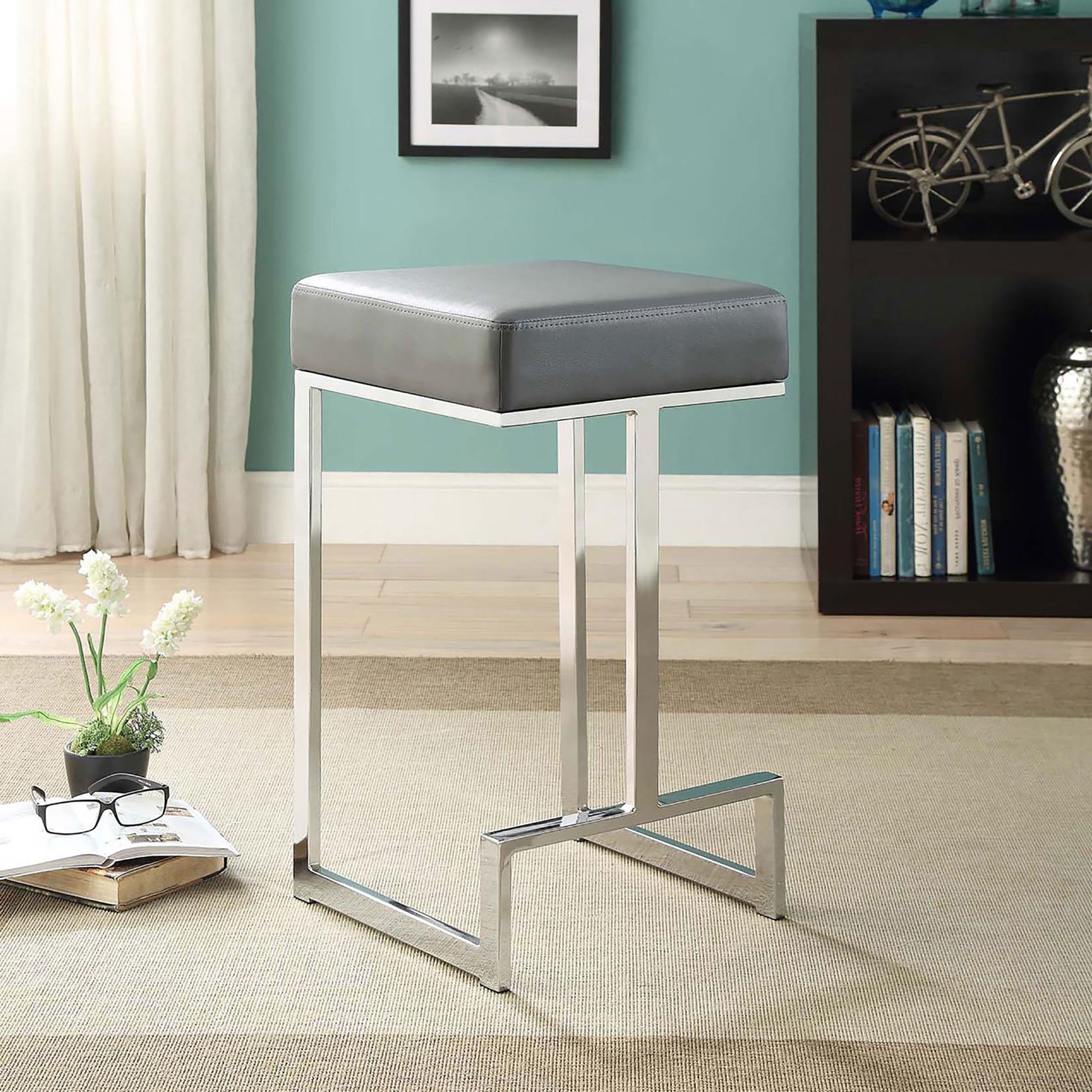 Grey And Chrome Upholstered Counter Height Stool Solid Grey Dining Room Foam Spot Clean Square Contemporary,Modern Bar Stools Foam Faux Leather