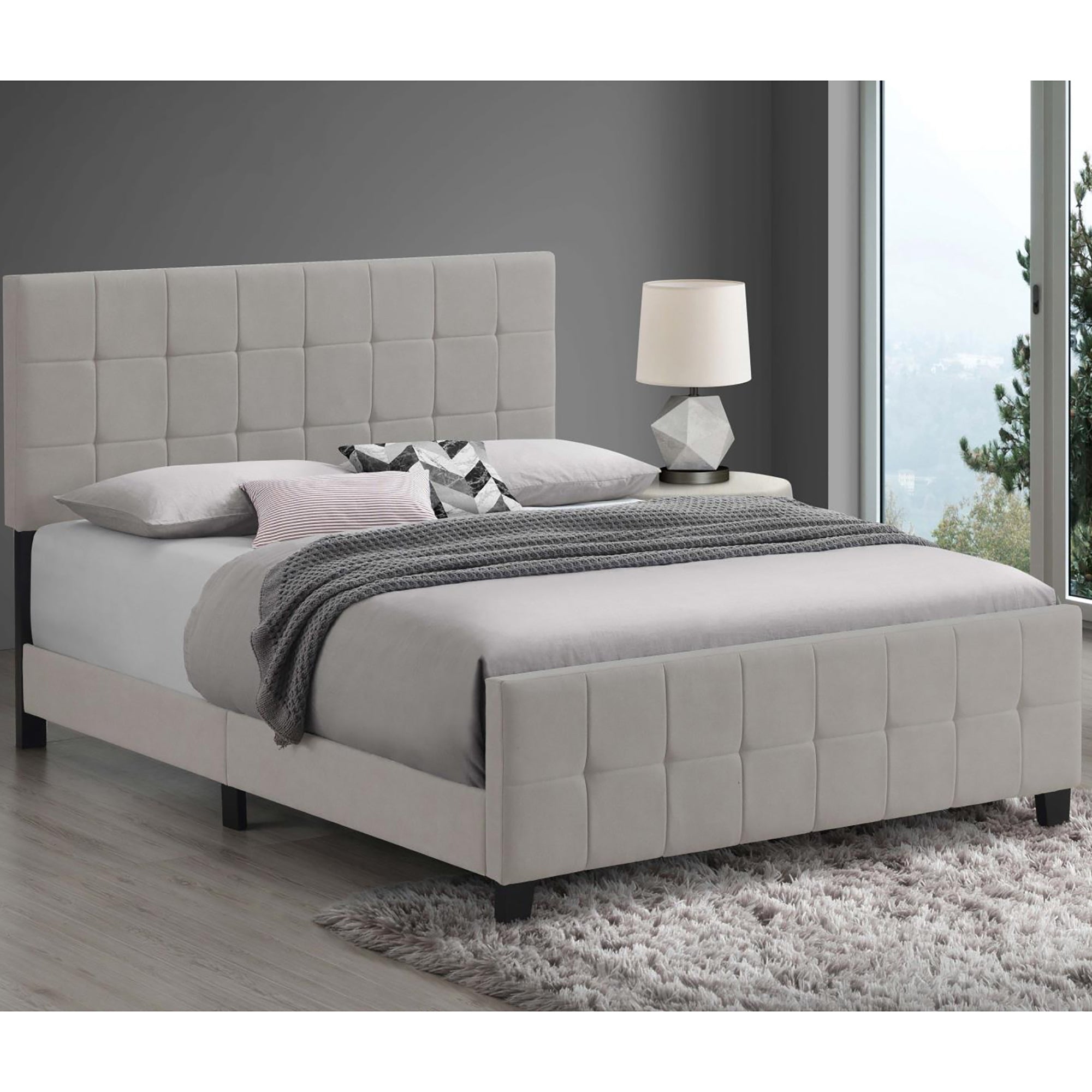 Beige Tufted Upholstered Queen Panel Bed box spring
