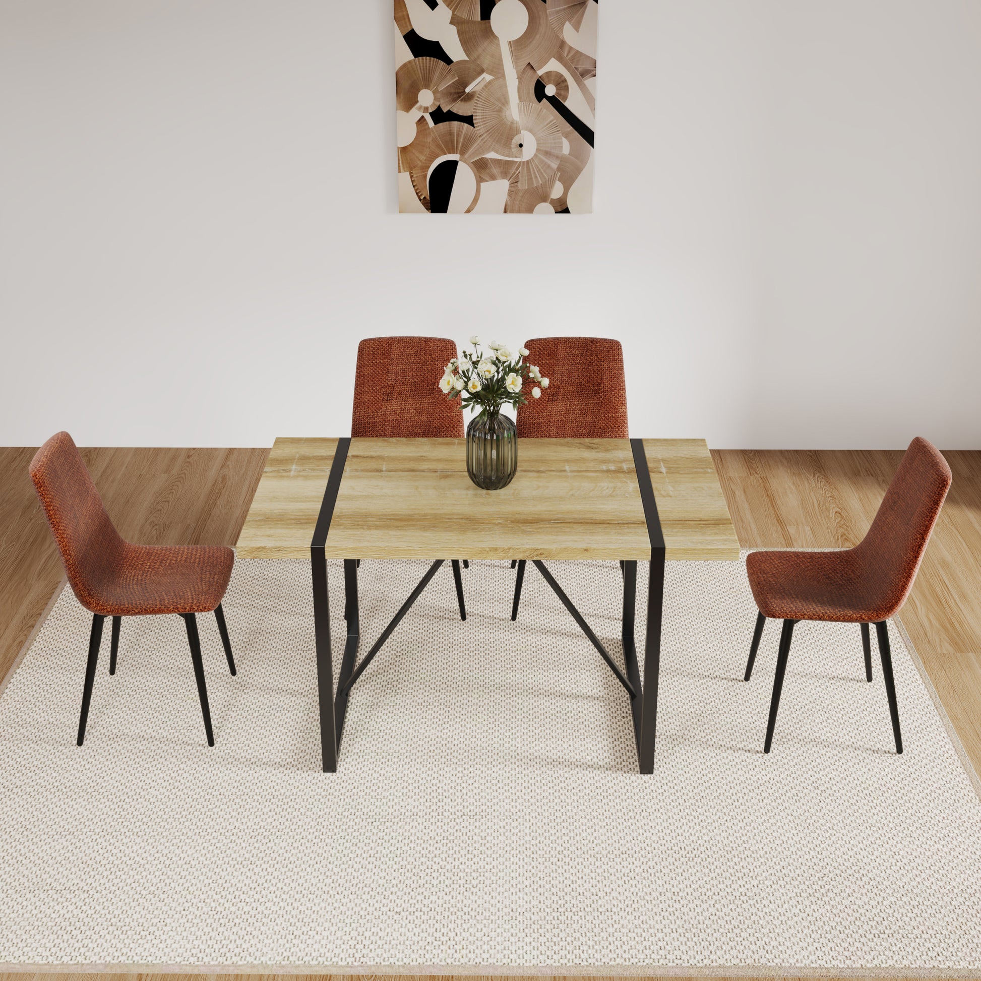 Mdf Wood Colour Dining Table And Modern Dining Chairs Set Of 4, Mid Century Wooden Kitchen Table Set, Metal Base & Legs, Dining Room Table And Linen Chairs Natural Wood Caramel Kitchen Mid Century Modern Mdf